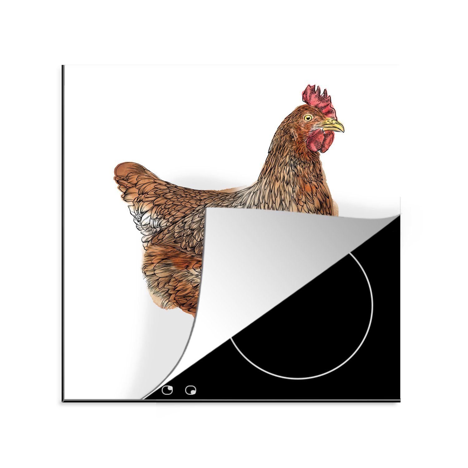MuchoWow Herdblende-/Abdeckplatte Illustration eines braunen Huhns auf weißem Hintergrund, Vinyl, (1 tlg), 78x78 cm, Ceranfeldabdeckung, Arbeitsplatte für küche