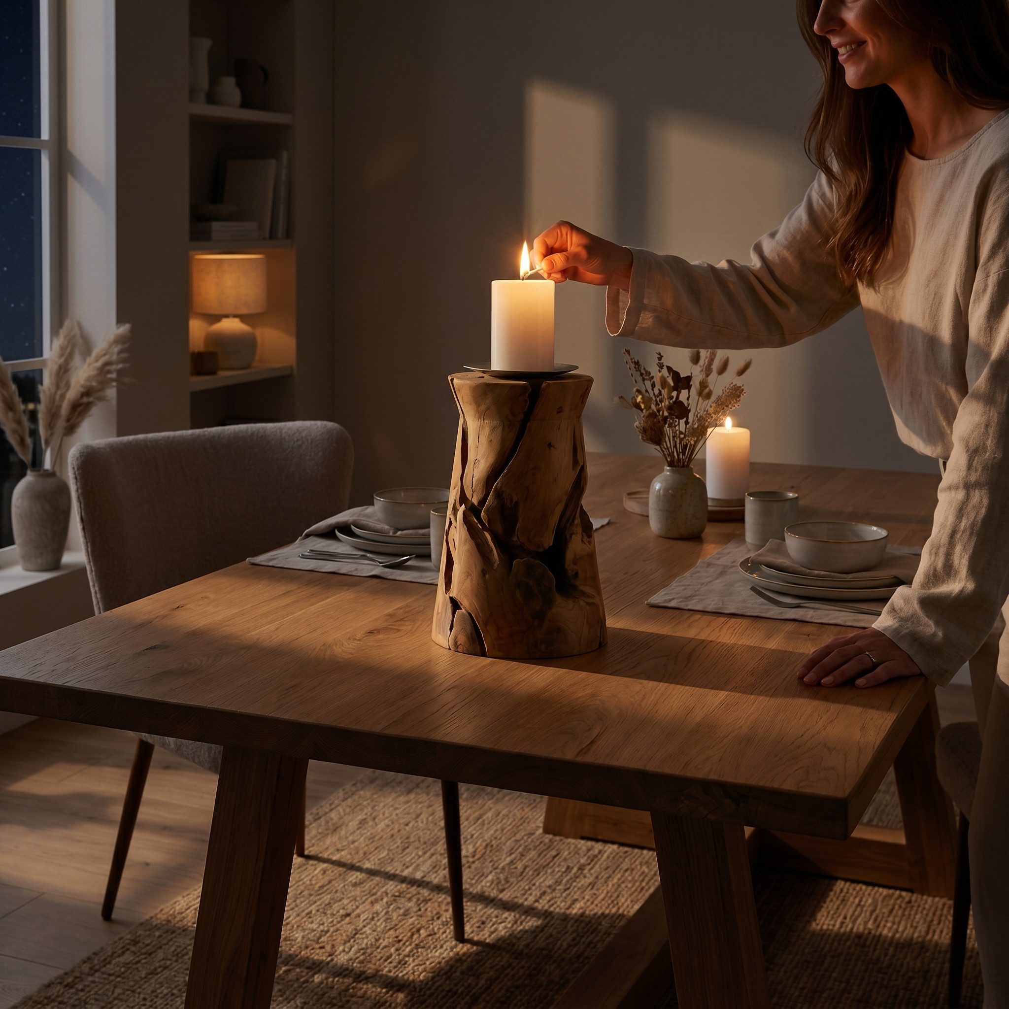 Möbel Bressmer Kerzenhalter OXXY Kerzenhalter Holz,Handarbeit Kerzenständer Wurzelholz,40cmØ, Glas