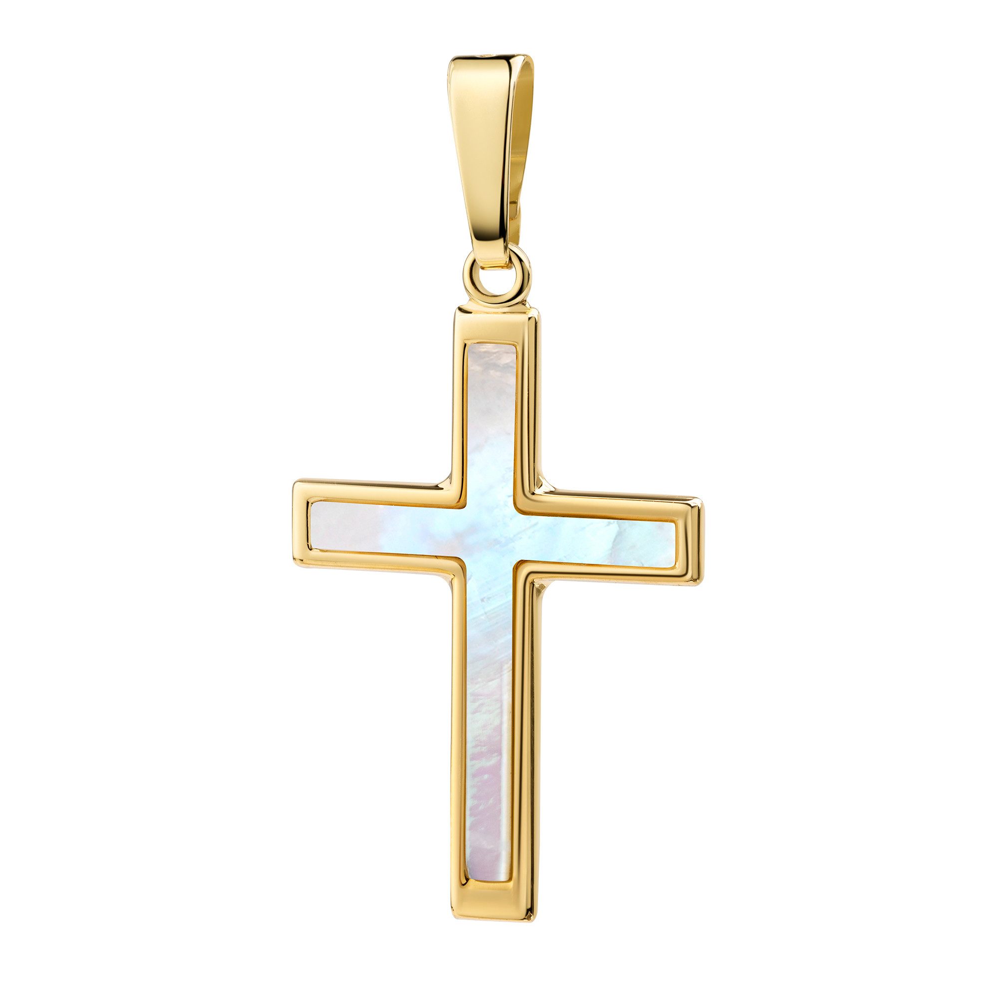 JEVELION Kreuzkette Kreuz-Anhänger 333 Gelbgold / 8K mit Perlmutteinlage - Made in Germany (Goldkreuz, für Damen und Herren), Mit Kette vergoldet- Länge wählbar 36 - 70 cm oder ohne Kette.