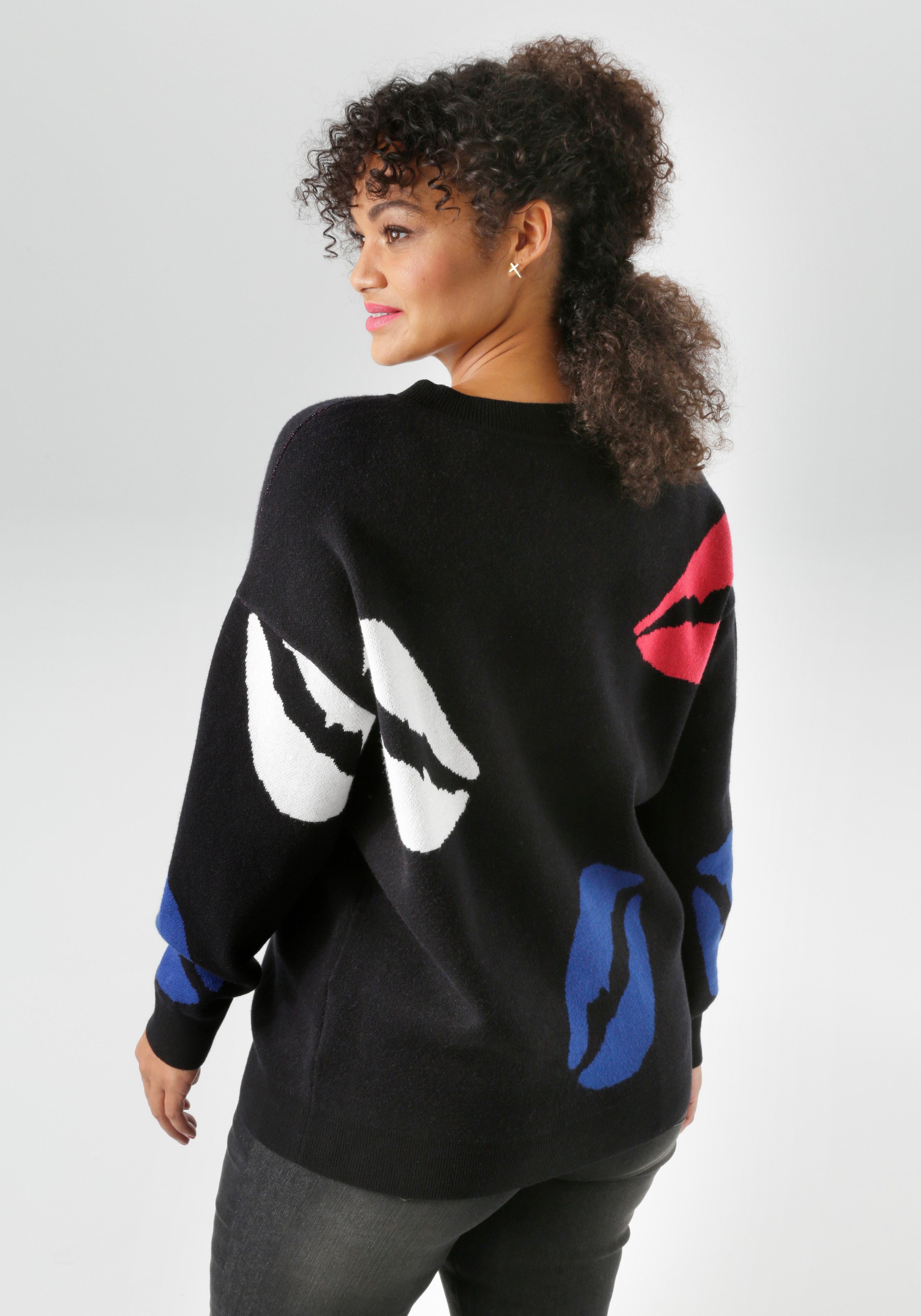 Aniston PLUS Strickpullover mit eingestrickten farbigen Kussmündern - NEUE günstig online kaufen