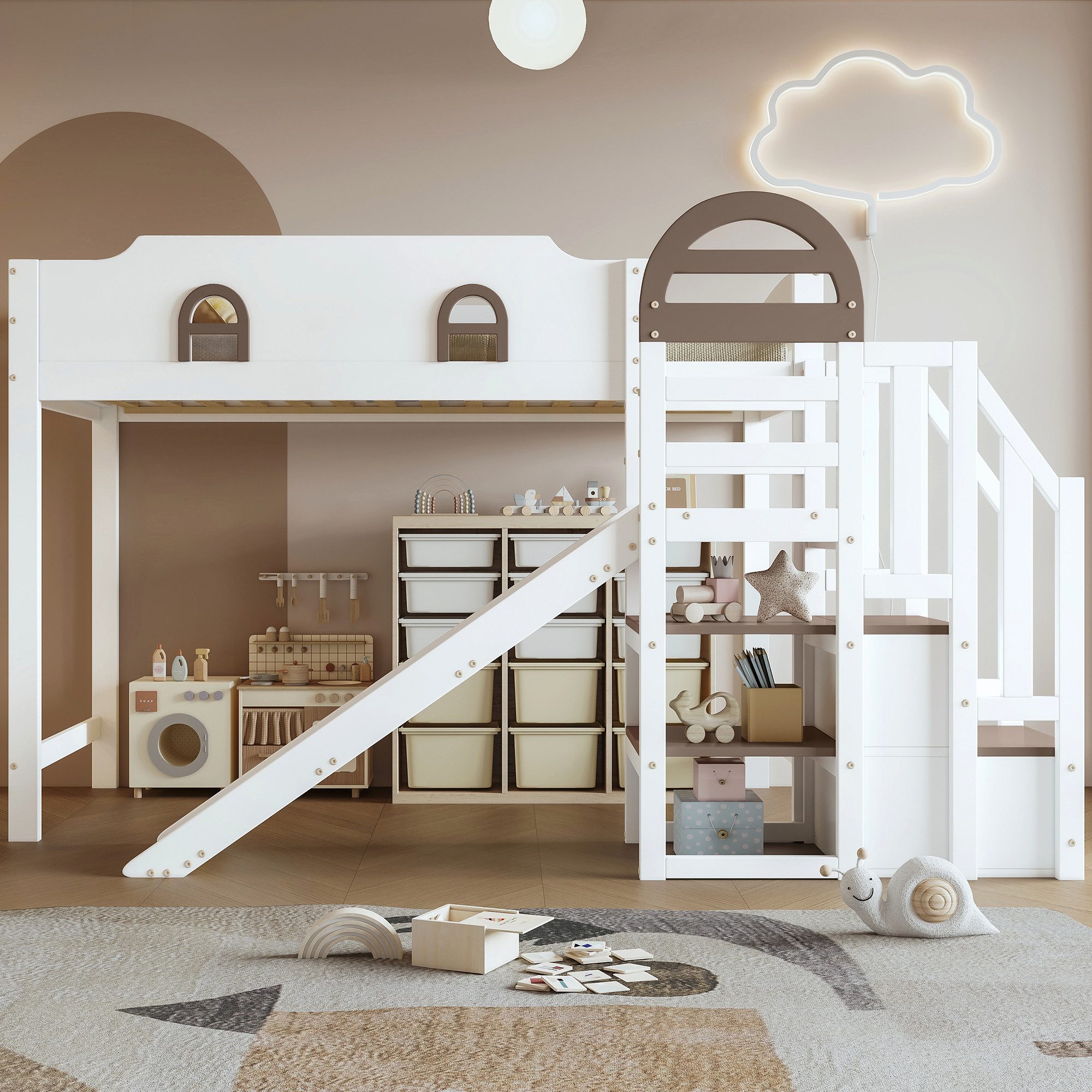 Odikalo Hochbett 90x200 Kinderbett mit Rutsche und Stauraum (Etagenbett, Kinderbett Mit Fenster, Mit Kinderrutsche, Treppen mit Handlauf, Mit 2 Schließfächer in der Treppe, Vielseitiges Design, Reichlich Stauraum, Kiefer+MDF, Weiß+Braun, 90x200cm)