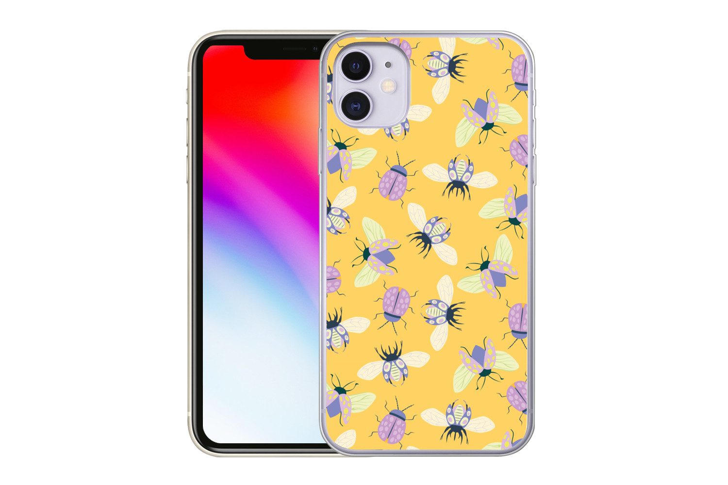MuchoWow Handyhülle für Apple iPhone 11 Insekten - Muster - Gelb - Lila - Farbenfroh, Smartphone-Bumper, Print, Handy Schutzhülle Dünn