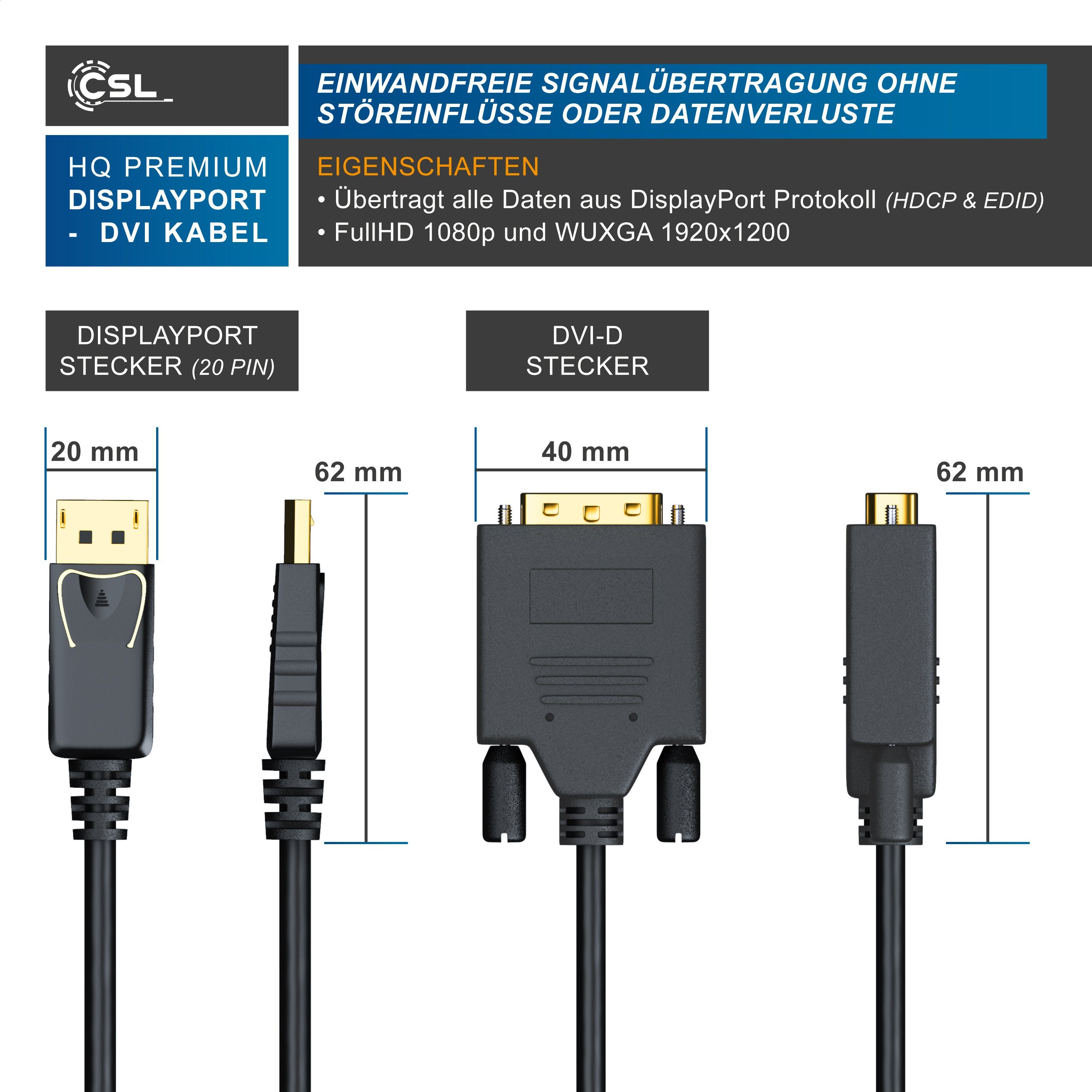 CSL Video-Kabel, 20 Pins, DisplayPort, DVI-D (100 cm), Monitorkabel, HDCP und EDID Zertifiziert, Full HD Ausflösung - 1m