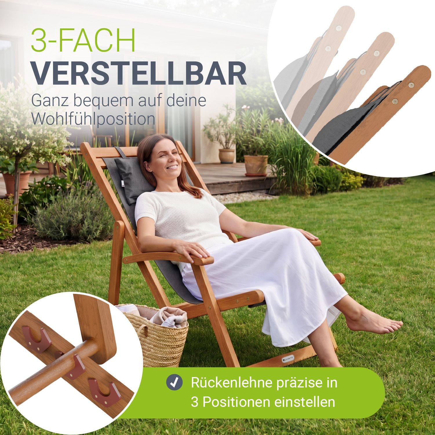 Juskys Gartenliege Tavira, 1er Set, 1 St., Verstellbare Lehne, Klappbar, Abnehmbares Kopfkissen