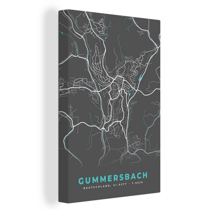 OneMillionCanvasses® Leinwandbild Gummersbach - Stadtplan - Blau - Karte - Deutschland (1 St) Leinwandbild fertig bespannt inkl. Zackenaufhänger Gemälde