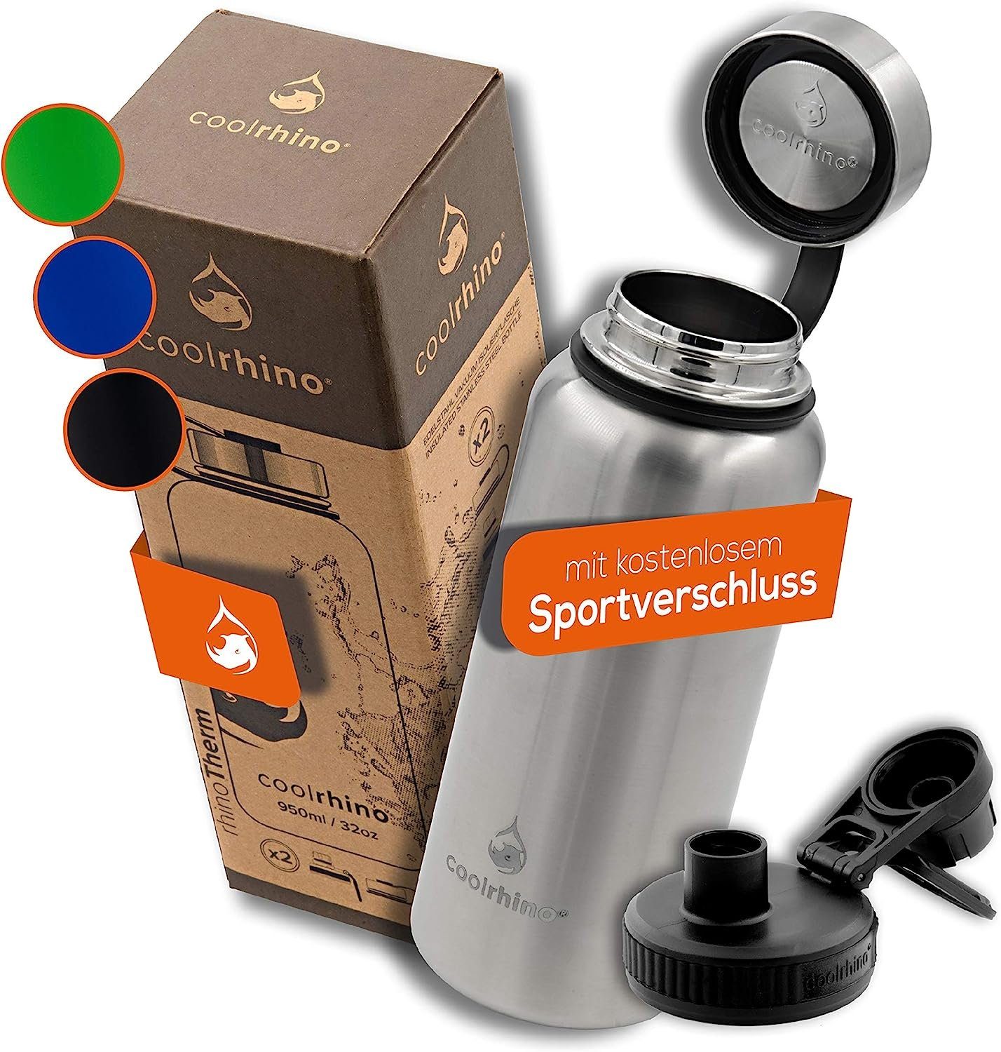 ml, Trinkflasche BPA-frei Thermosflasche Edelstahl geeignet, doppelwandig Isolierflasche 530 950 rhinoTherm ml Kohlensäure / coolrhino