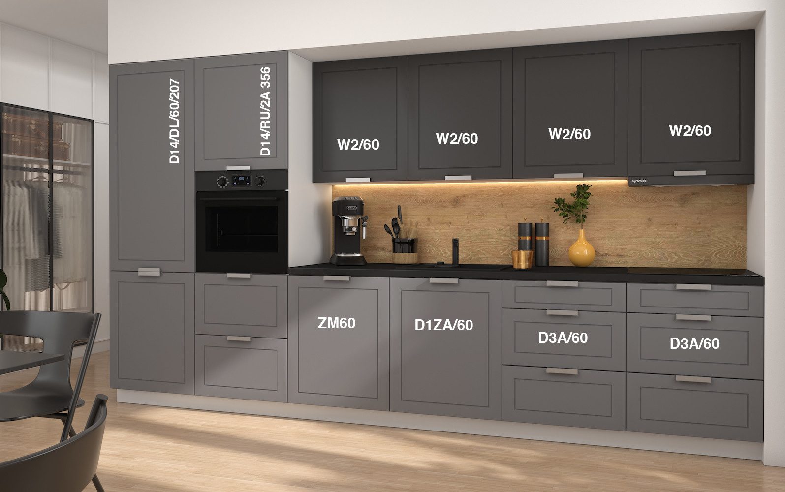 Feldmann-Wohnen Küchenzeile Kvantum, (Schubladen mit Vollauszug + Selbsteinzug (HETTICH InnoTech Atira), 360x59x207cm weiß/dust grey - graphit matt, 10-teilig, Fronten matt