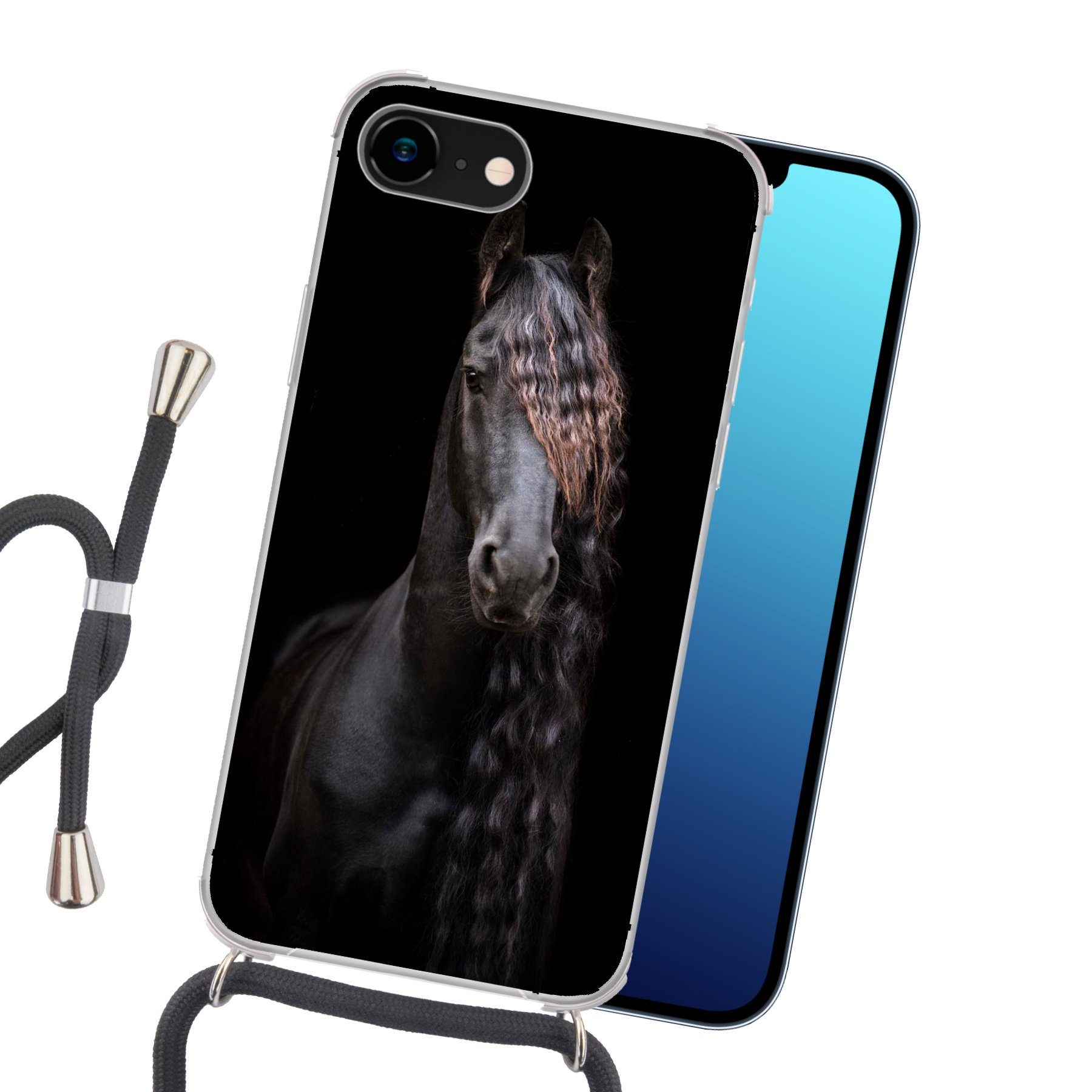 MuchoWow Handyhülle für Apple iPhone 8 Pferde - Friesisch - Mähne - Schwarz - Tiere, Tragbare Handyhüllen mit Kette zum umhängen, Handykette Handyband