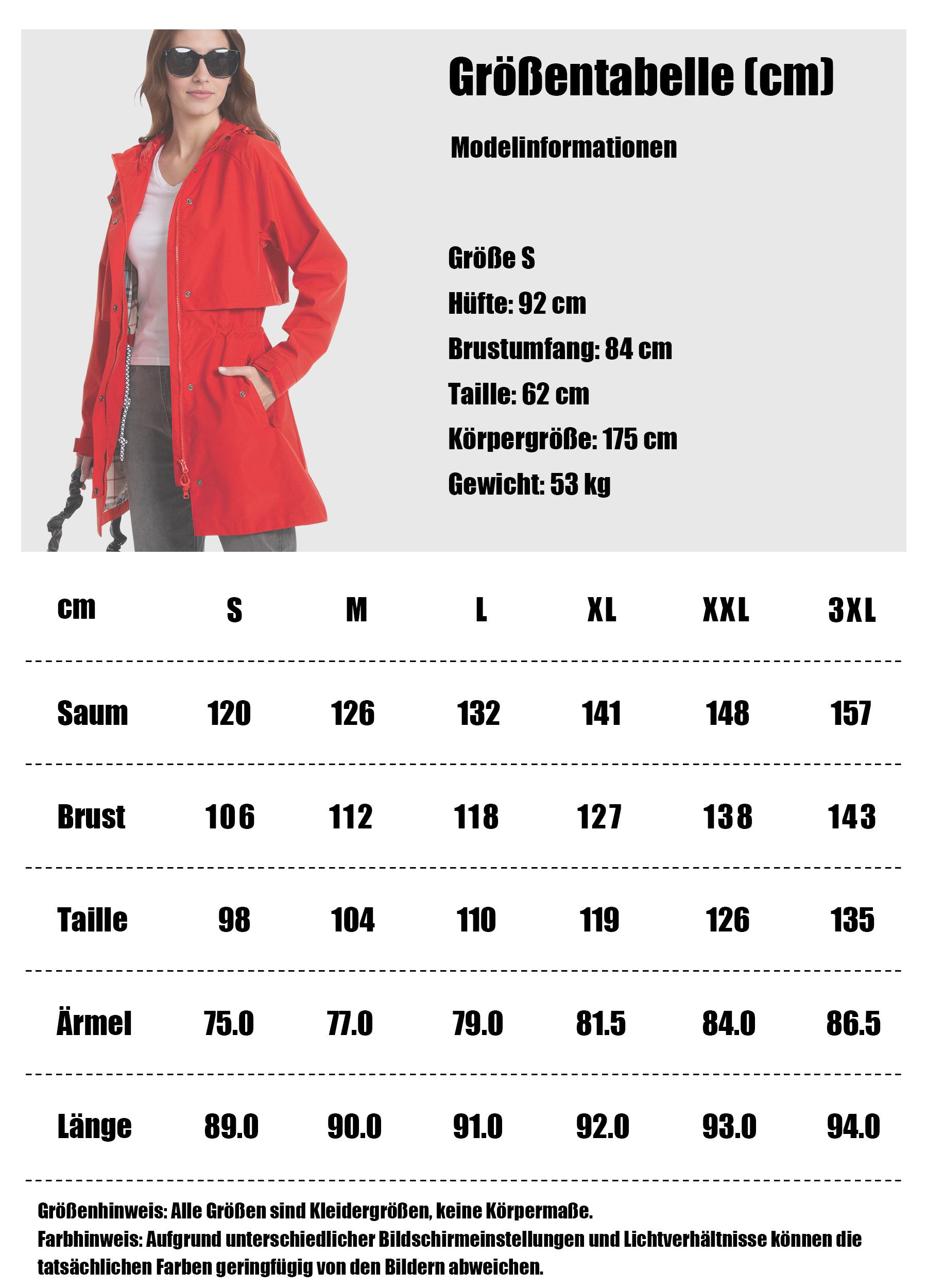 ATLASLAVA Regenjacke Damen Regenmantel Wasserdicht Kapuze Women Rain Jacke (1-St) Übergangsjacke Outdoor Frühling Sommer Herbst