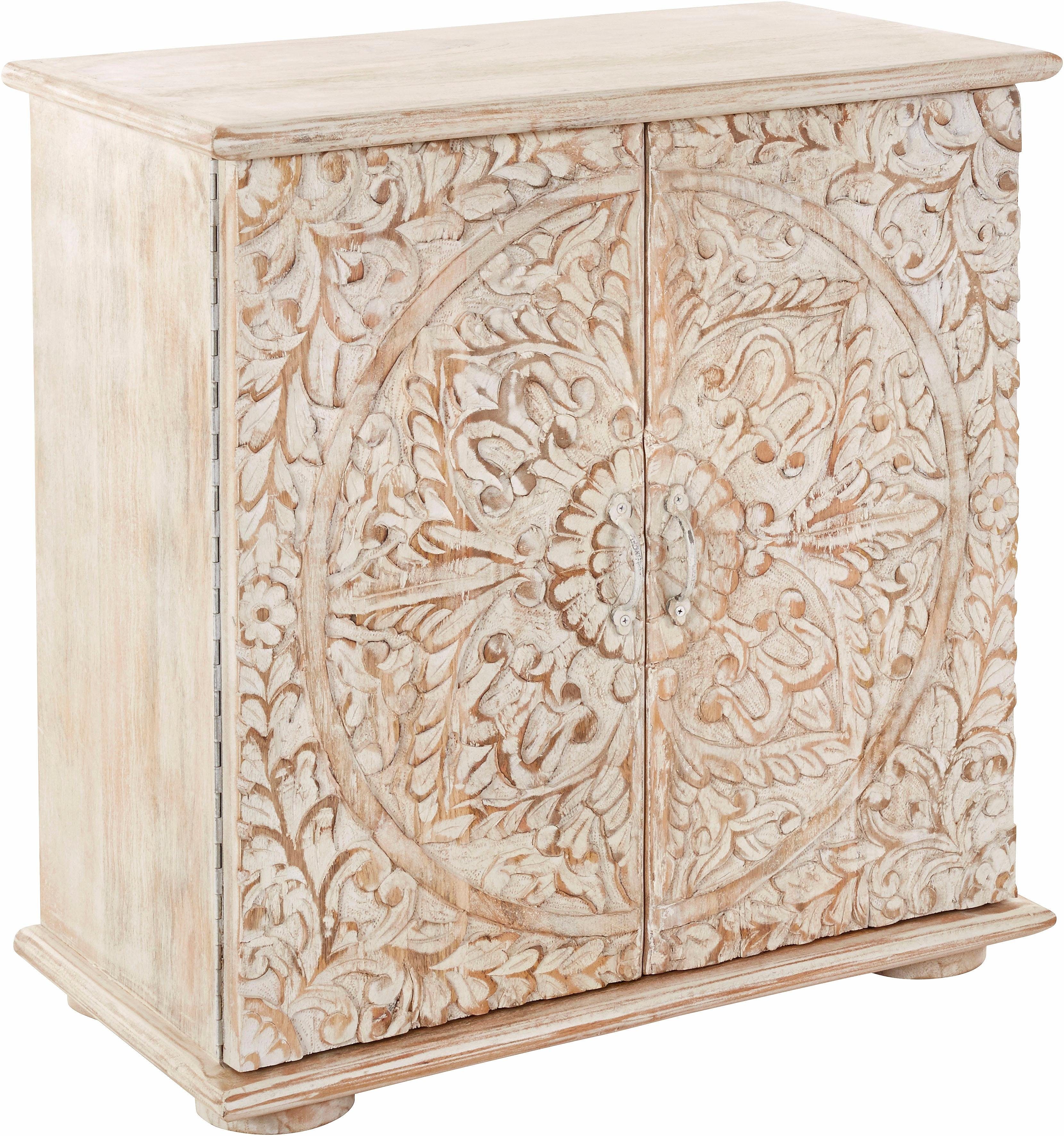 OTTO home Kommode Sideboard mit 2 Türen, Breite/Höhe: 75/75 cm, Fronten mit individuellen Schnitzereien