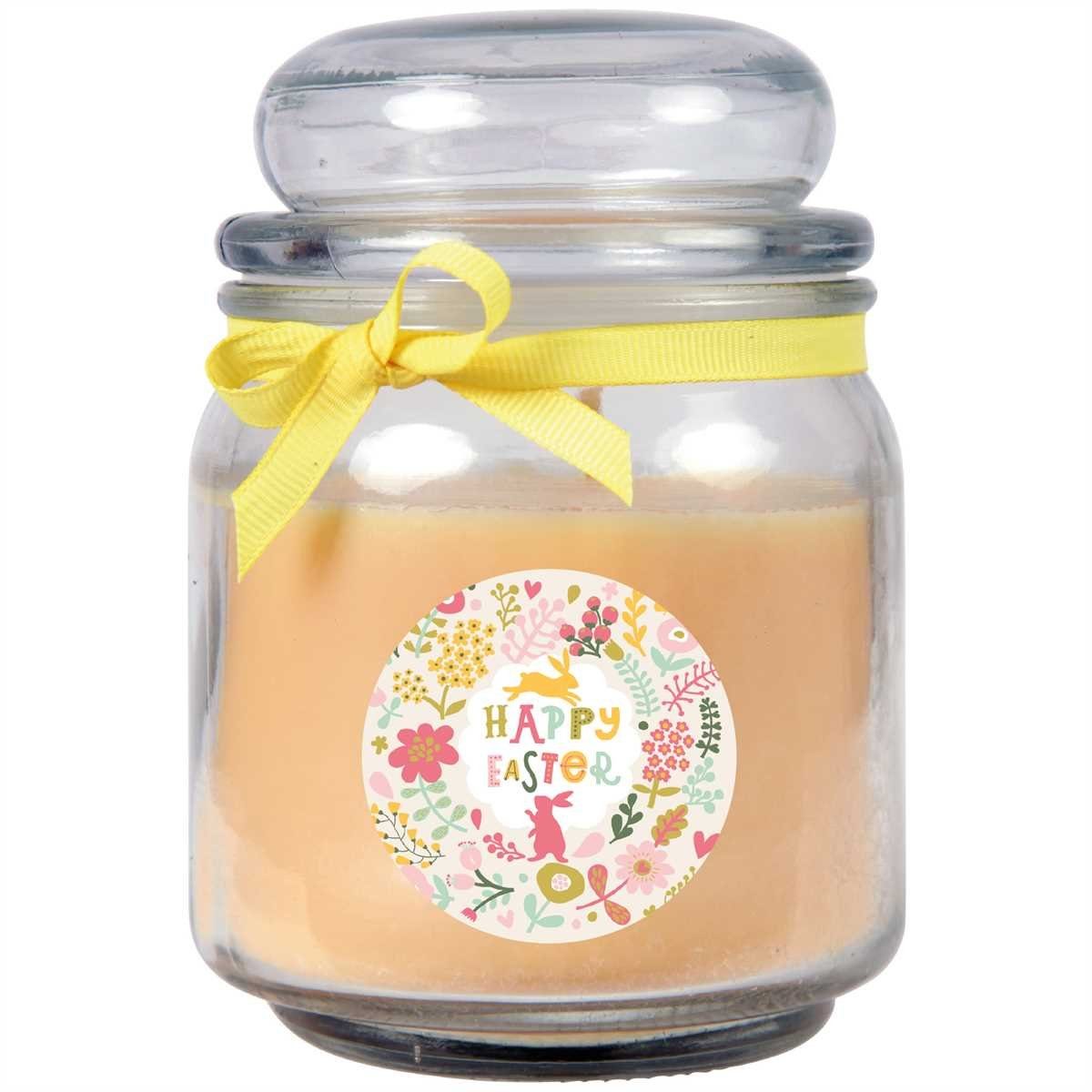 HS Candle Duftkerze (Dekokerze, 1-tlg), Kerze im Bonbon Glas mit Motiv zur Osterzeit - 110h Brenndauer