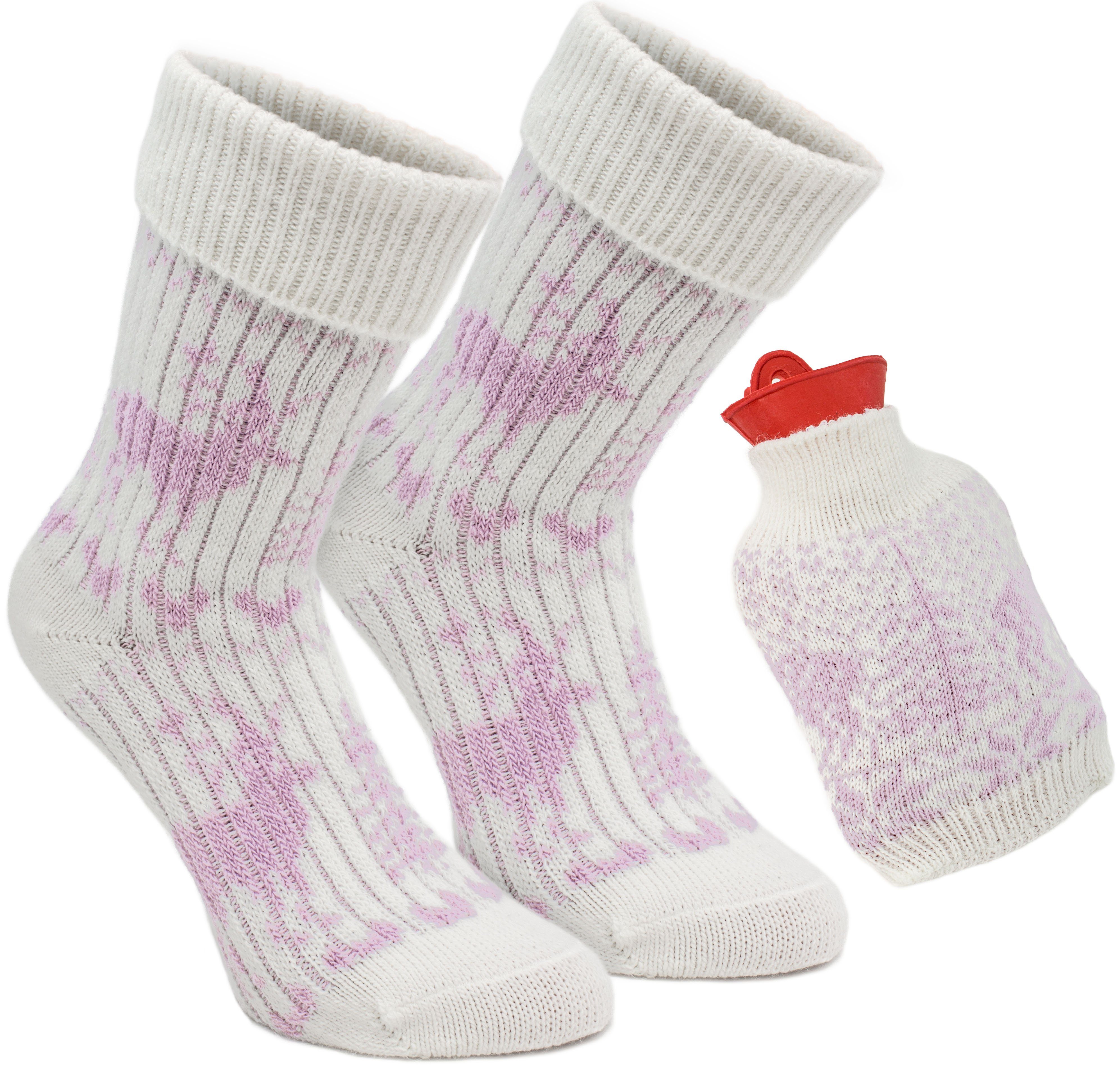 BRUBAKER Norwegersocken Kuschel Geschenkset Warme Füße (1-Paar) Kuschelsocken Set für Frauen mit Wärmeflasche Rosa | Wintersocken