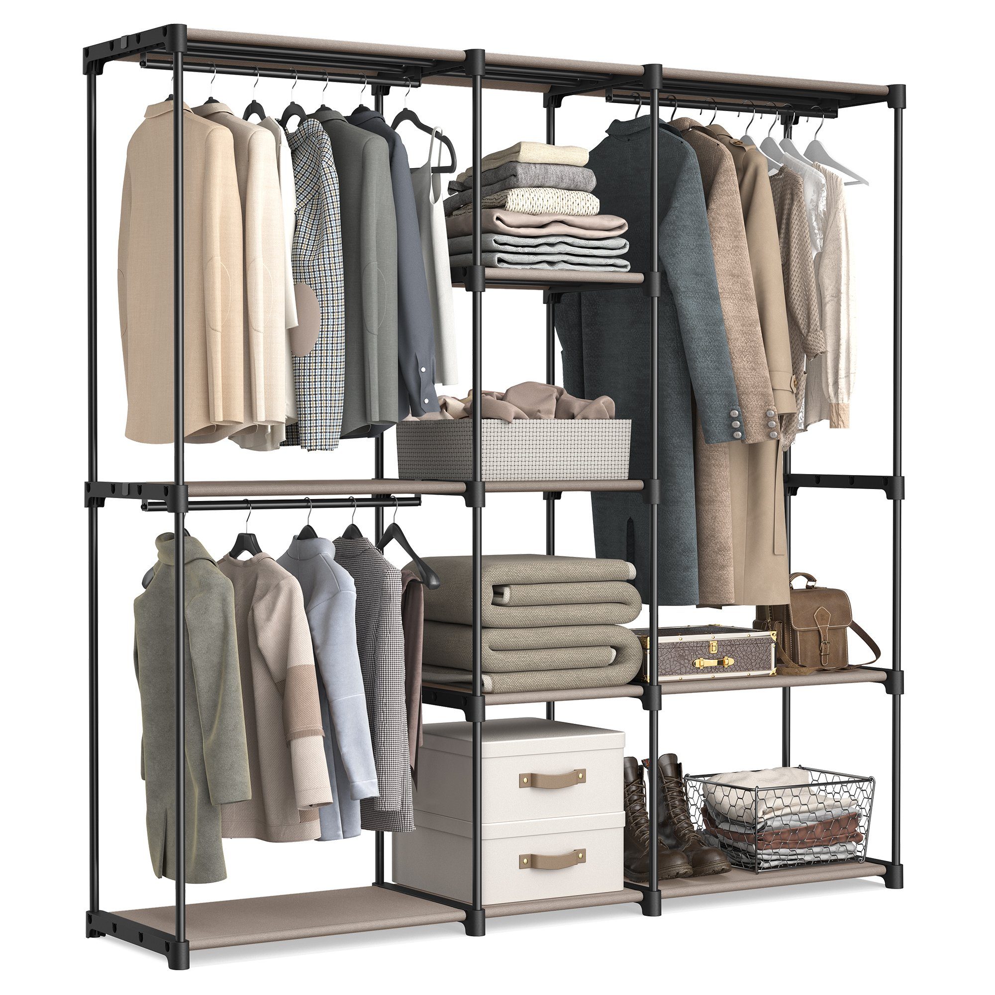 SONGMICS Kleiderständer, Kleiderschrank offen, 3 Hängefächer, 4 Stoffablagen