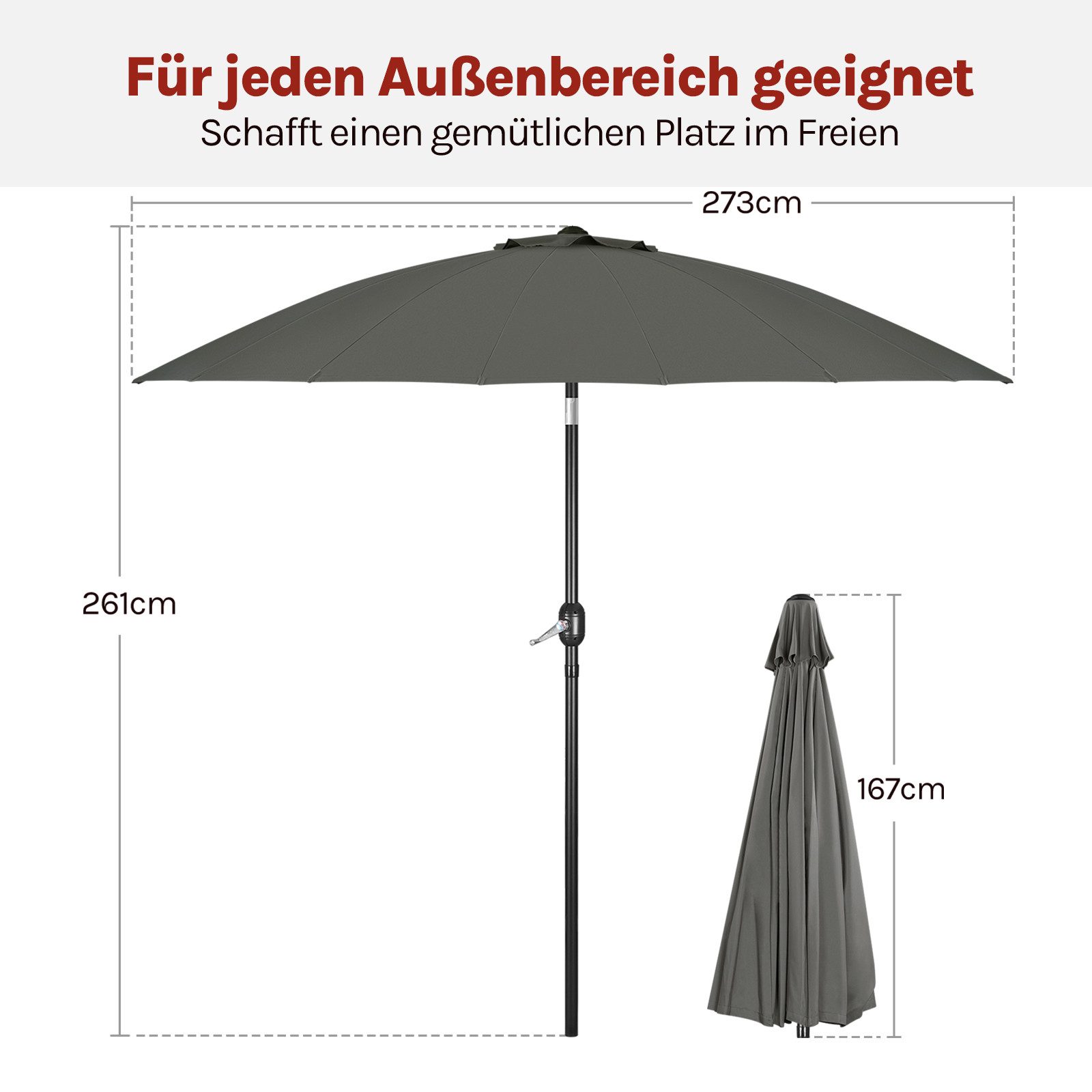 Woltu Sonnenschirm, Gartenschirm mit Kurbel, Ø 257/273 cm, für Terrasse, Patio, Pool