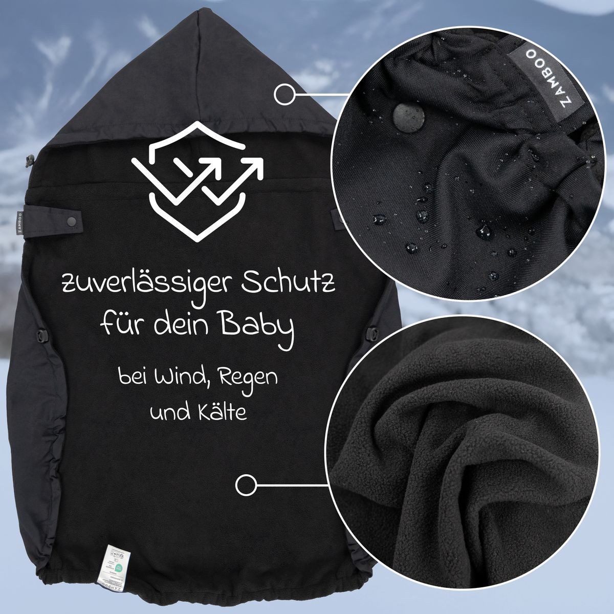 Zamboo Babytrage Schwarz, Universal Fleece Cover für Babytrage Bauchtrage Regen- & Wetterschutz
