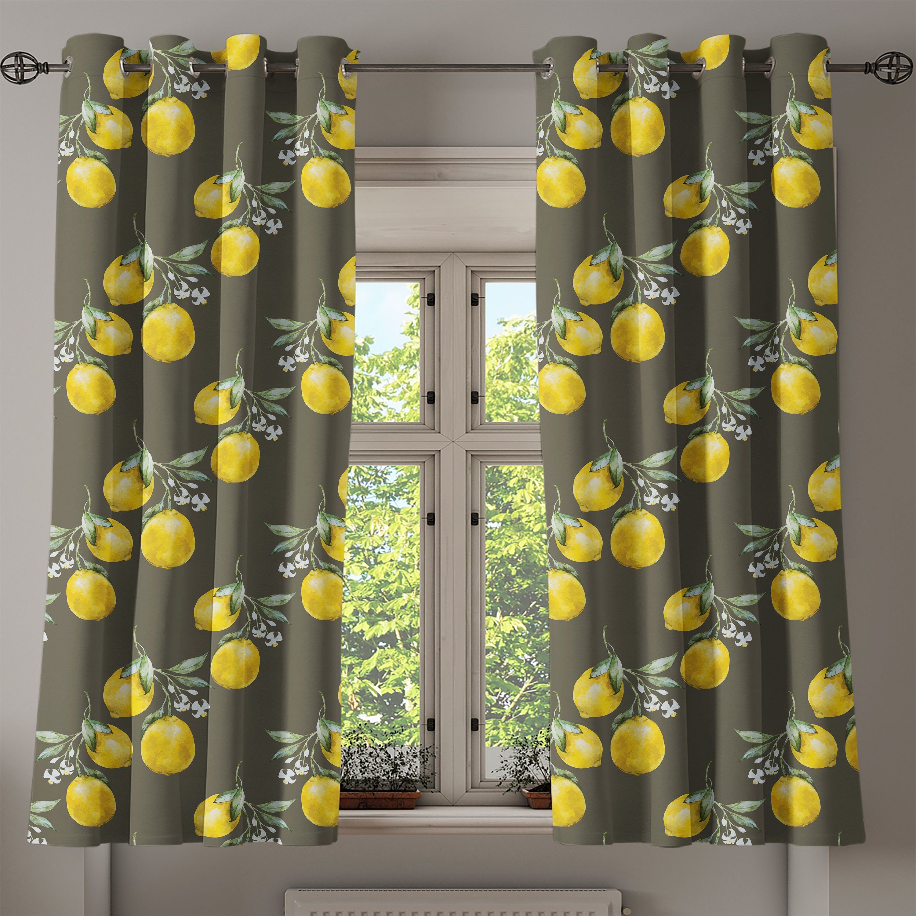 Wachstum Wohnzimmer, Dekorative Branchen Lemon für Gardine Natur 2-Panel-Fenstervorhänge Schlafzimmer Abakuhaus,
