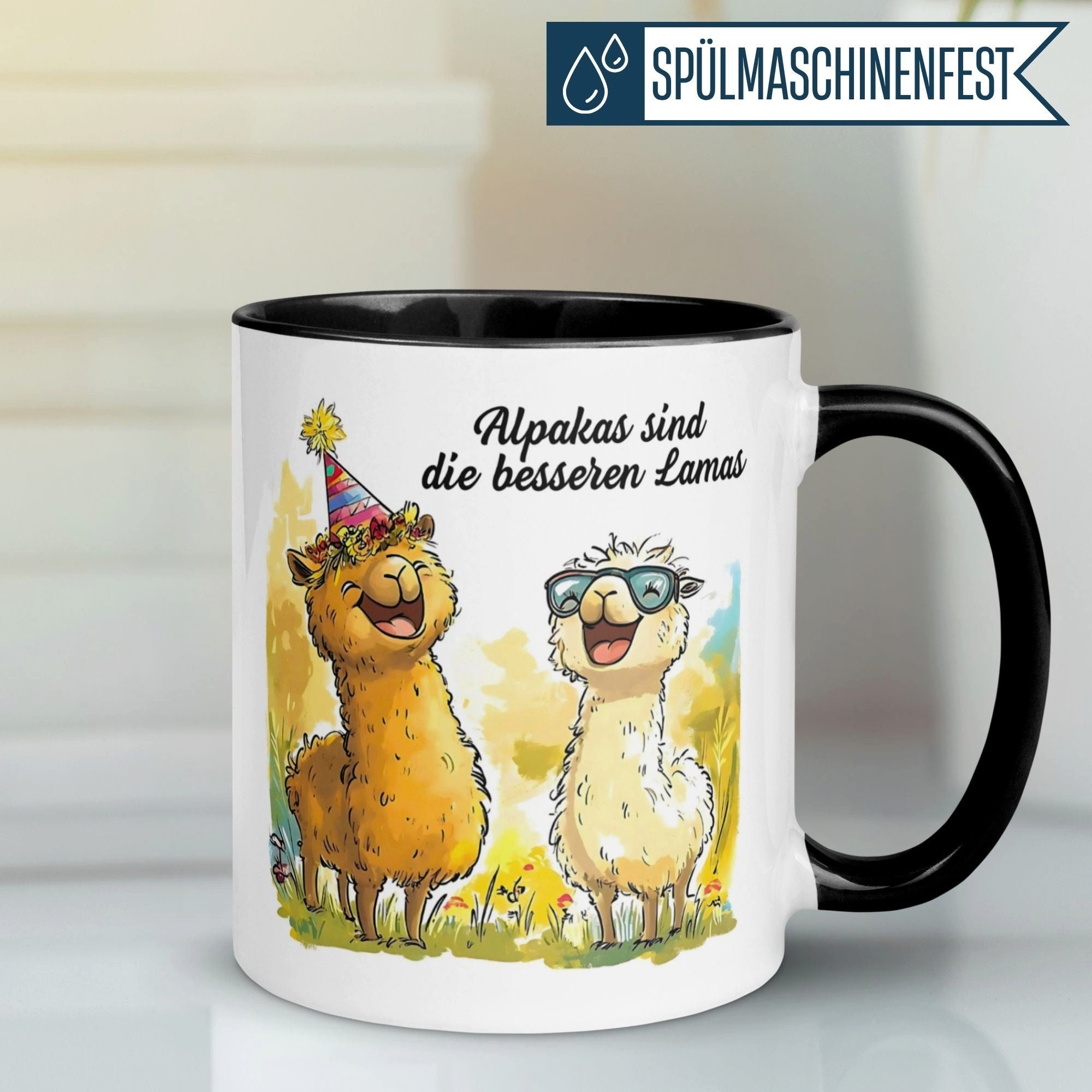Momentals Tasse Alpaka – „Alpakas sind die besseren Lamas“ – lustiger Geschenk Becher, Gratis Versand · Links-&Rechtshänder · Spülmaschinenfest