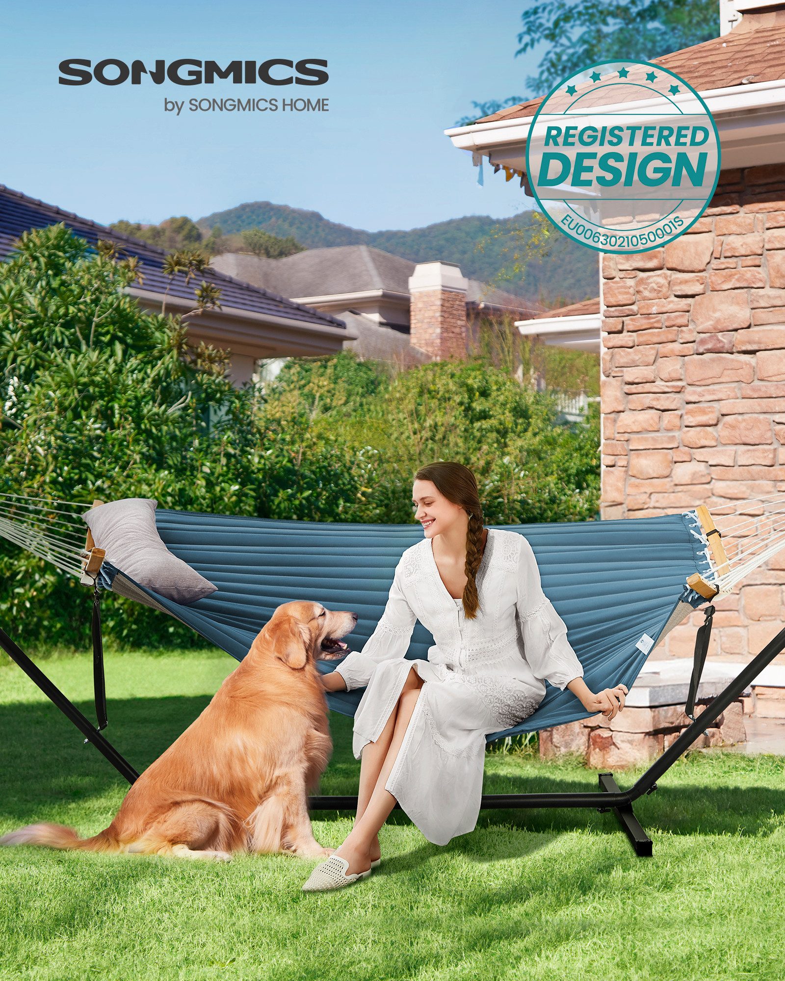 SONGMICS Hängematte, mit Gestell, Kissen, bis 200 kg belastbar, 200 x 140 cm (L x B)