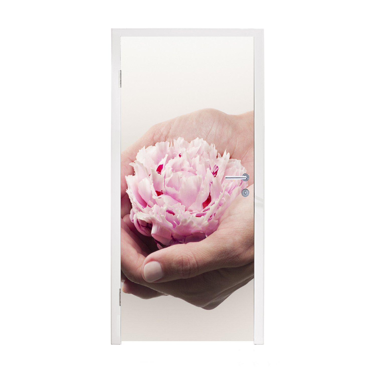Pfingstrose, eine Hände Fototapete MuchoWow für rosa halten Türaufkleber, cm Die Türtapete (1 St), Matt, Tür, 75x205 bedruckt,