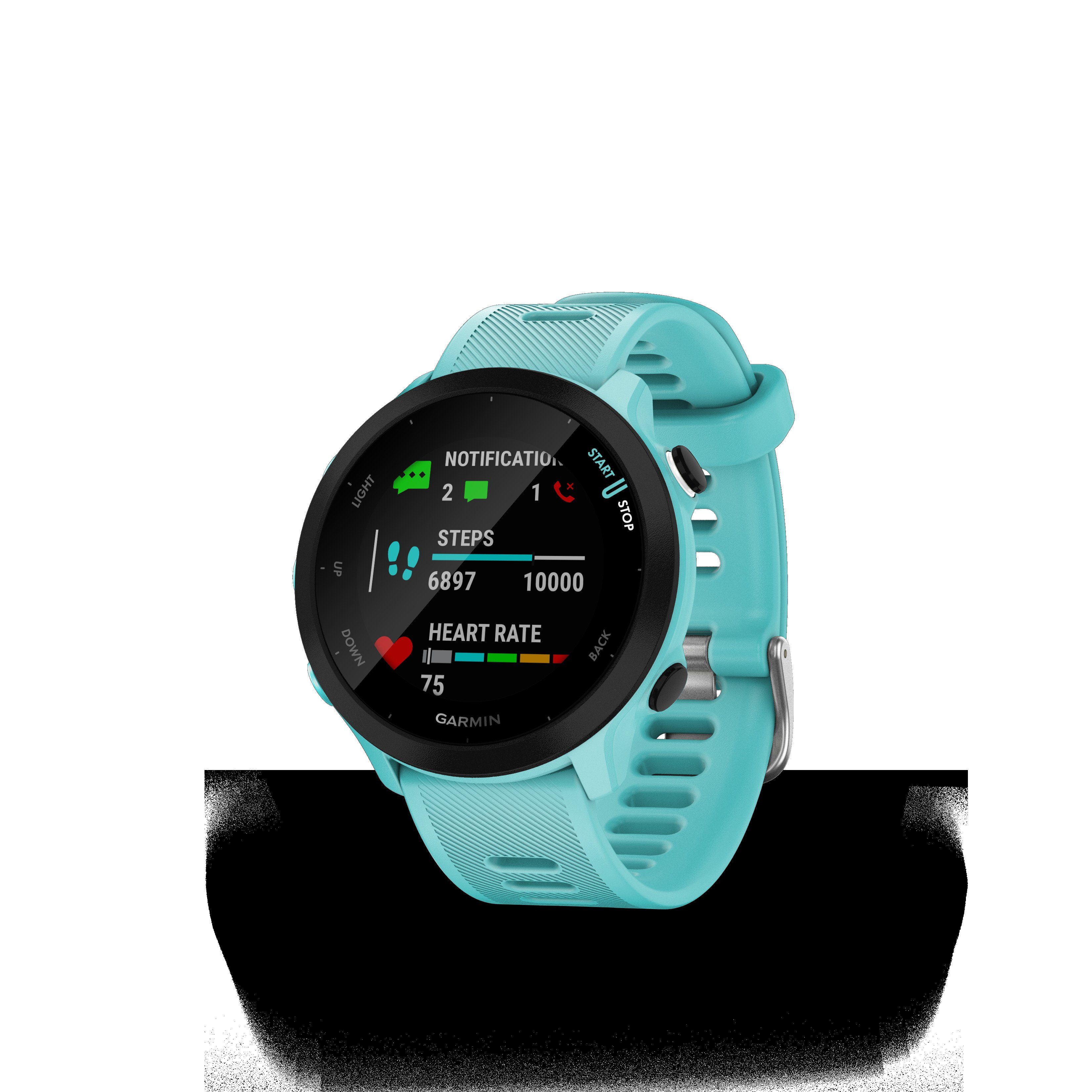 FORERUNNER Smartwatch GPS-Laufuhr Garmin), (2,64 cm/1,04 Garmin türkis/schwarz Zoll, türkis Multisport- 55 |