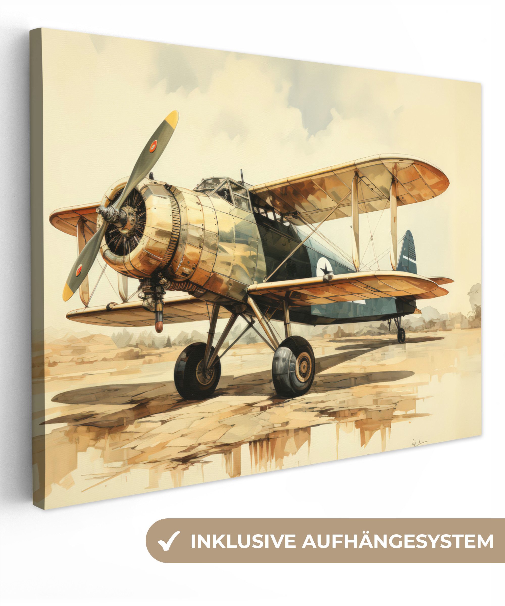OneMillionCanvasses® Leinwandbild Vintage - Flugzeug - Wasser - Beige -Fahrzeug, Fotodruck (1 St), Wandbild Leinwandbilder, Aufhängefertig, Wanddeko 40x30 cm
