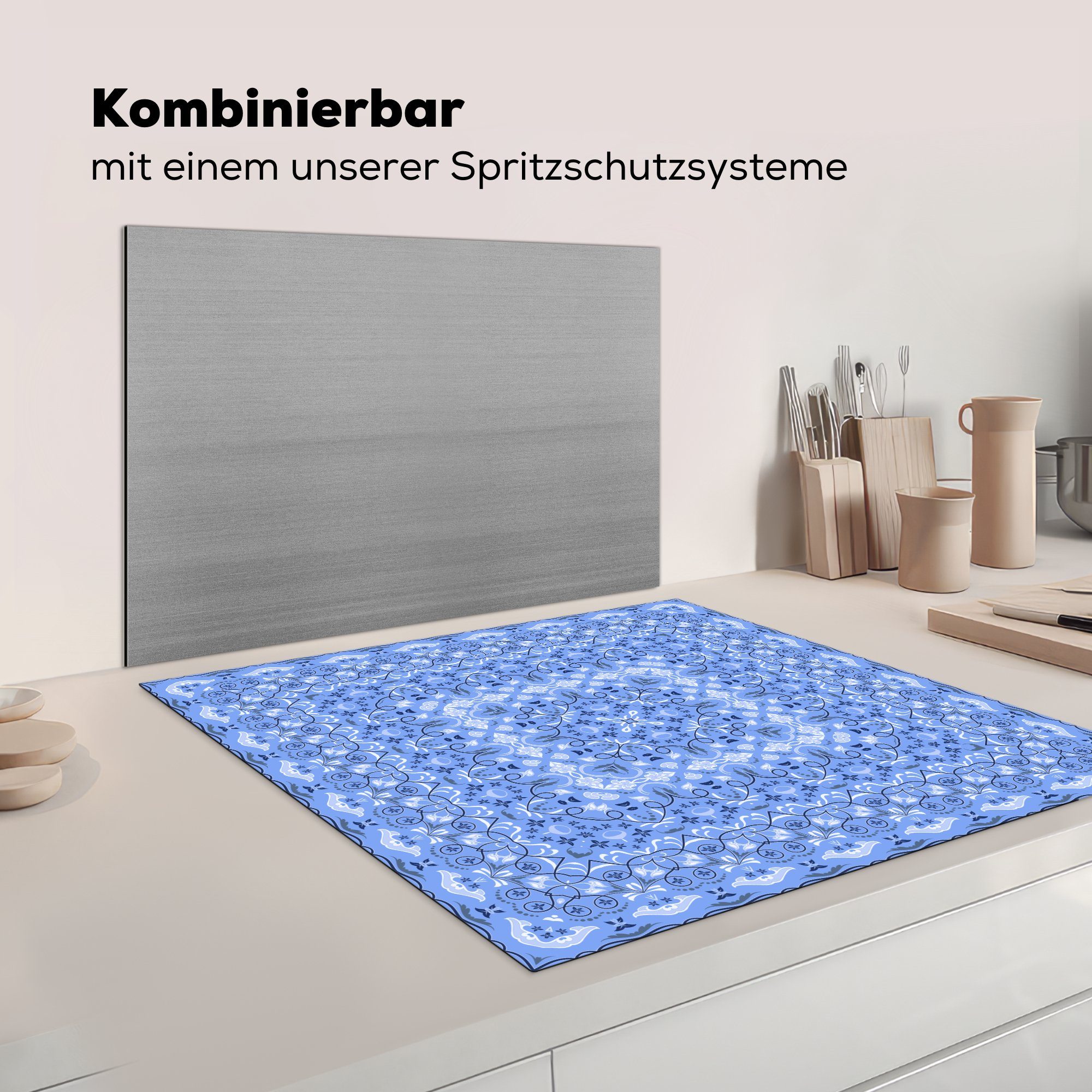 für Teppich Blau, (1 - Persischer MuchoWow 78x78 Muster Herdblende-/Abdeckplatte küche Arbeitsplatte cm, Vinyl, - Ceranfeldabdeckung, tlg),