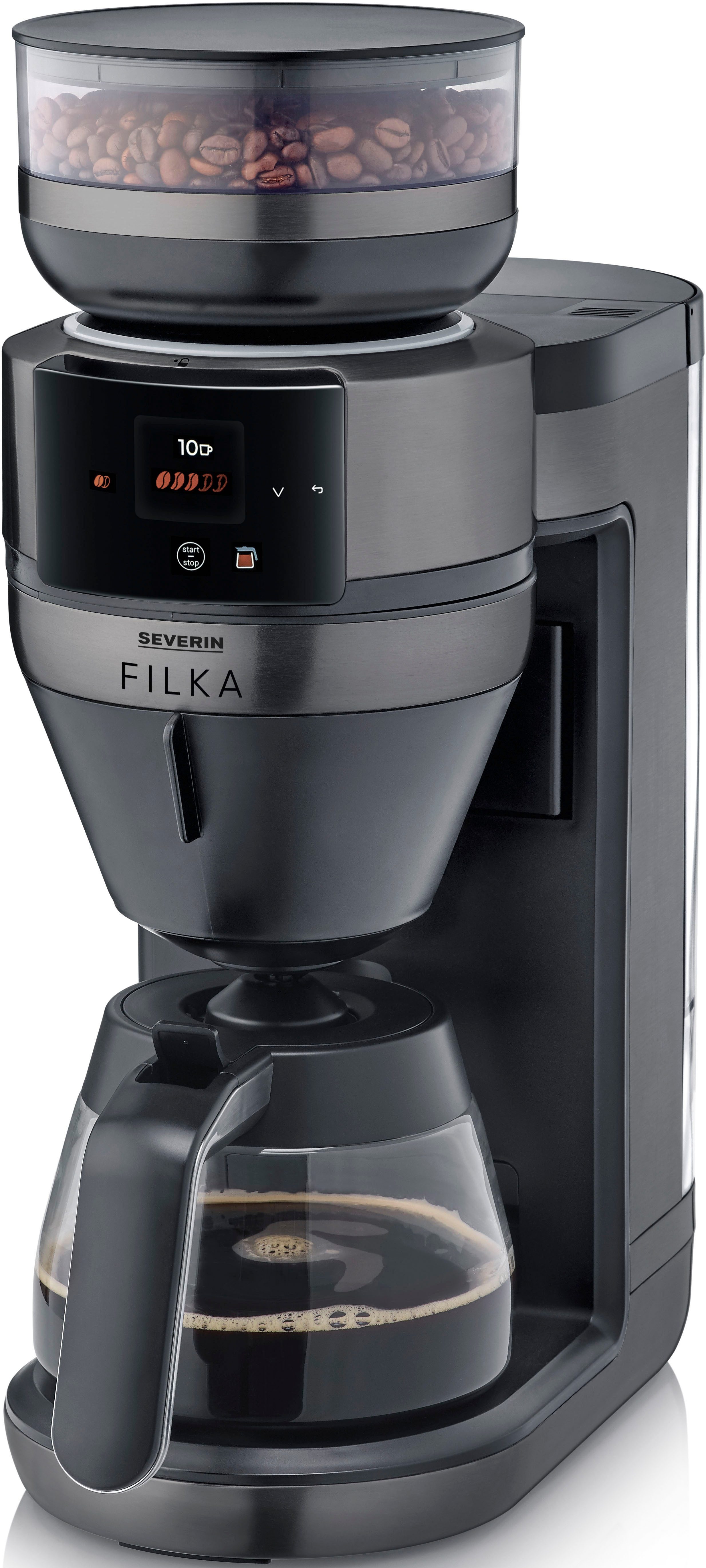 Severin Kaffeemaschine mit Mahlwerk KA 4854 FILKA (2. Generation), Filterkaffee-Vollautomat, 1,4l Kaffeekanne, Permanentfilter, Papierfilter 1x4, mit Glaskanne