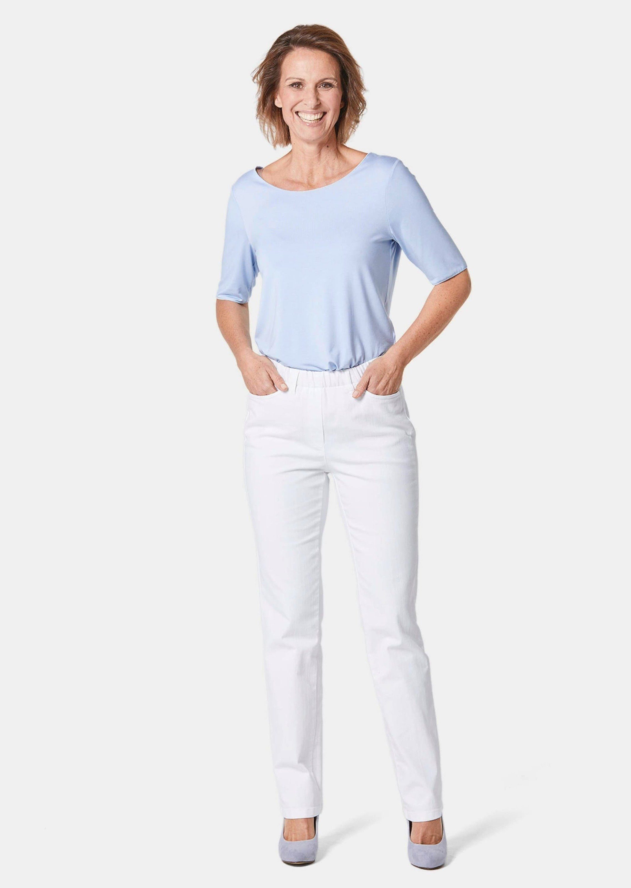 GOLDNER Bequeme Jeans Kurzgröße: Klassische Jeanshose mit Komfortbund Unifarbenes Design mit praktischem Schlupfbund und modernem Kragen