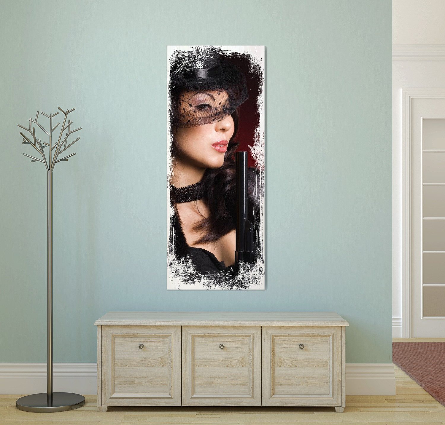 Wallario Holzbild, Lady in Black - Sexy Dame mit gefährlichem Charme, in verschiedenen Ausführungen