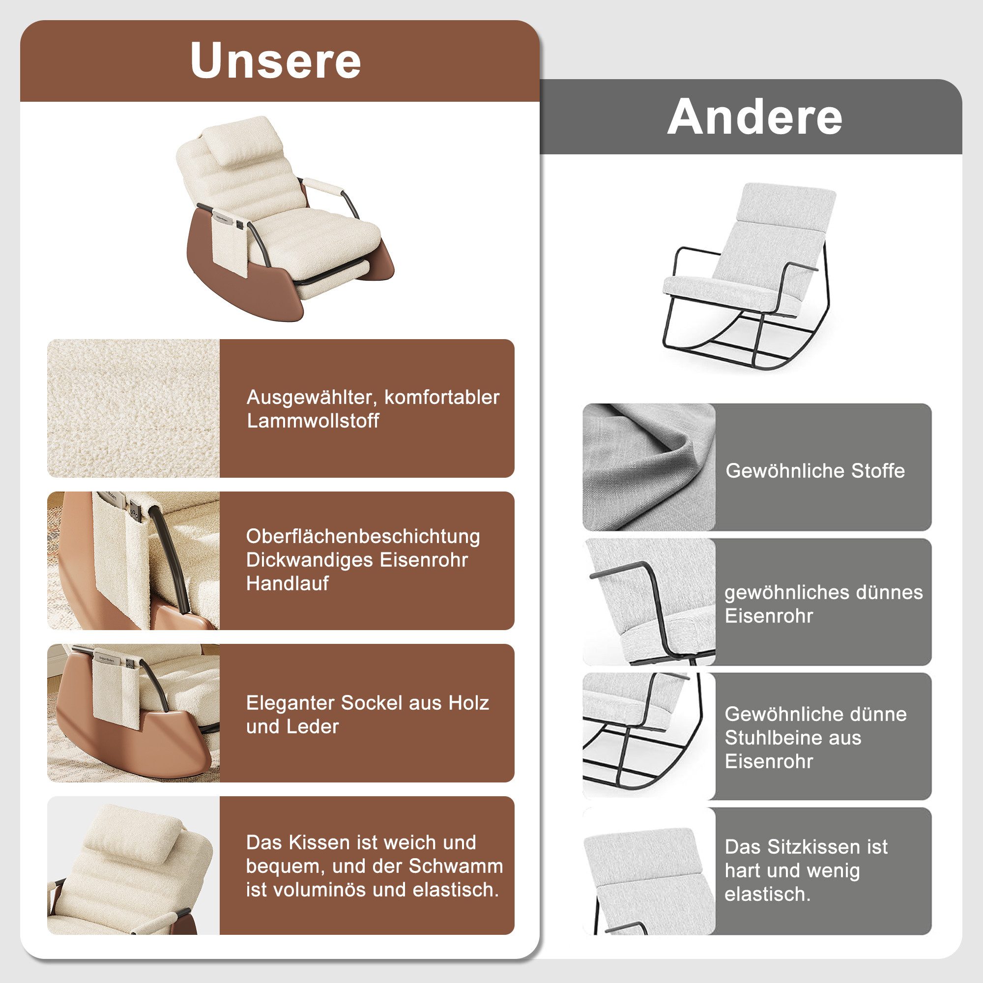 FUROKOY Schaukelstuhl Relaxsessel 3-stufia verstellbare Rückenlehne (Set, 1 St), Wohnzimmersessel mit Armlehnen und Fußstütze Teddy,Beige,67x91.5x92cm