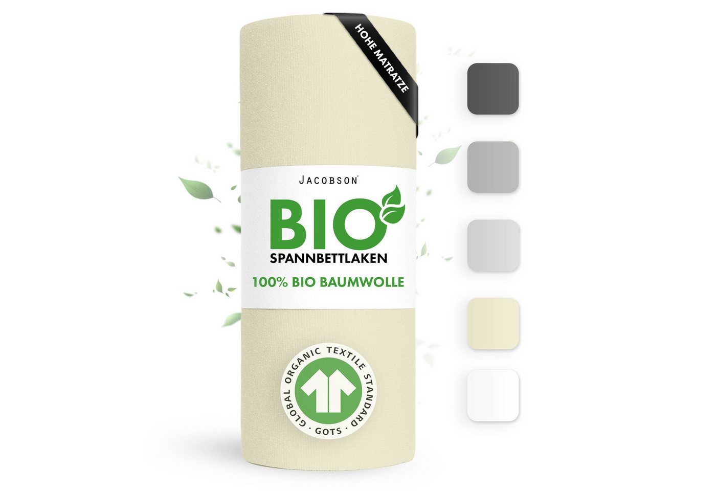 Jacobson Spannbettlaken BIO, Jersey Spannbetttuch, Bettlaken 160 g/m², 100% BIO-Baumwolle, Gummizug: rundum, GOTS zertifiziert