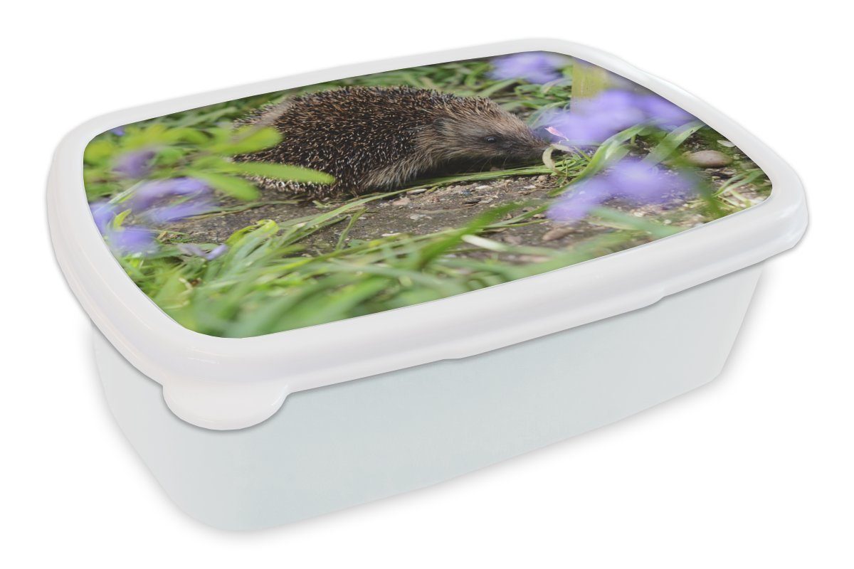 MuchoWow Lunchbox Igel hinter Blumen, Kunststoff, (2-tlg), Brotbox für Kinder und Erwachsene, Brotdose, für Jungs und Mädchen weiß