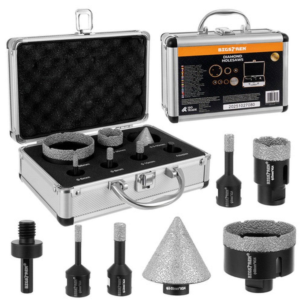 BIGSTREN Lochsäge Diamant-Lochbohrer M14-Zahnkränze 6-68 mm, Ø 68 mm, Spar-Set, 11-tlg., 11.000 U/min, Kompatibilität mit Winkelschleifern und klassischen Bohrmaschinen