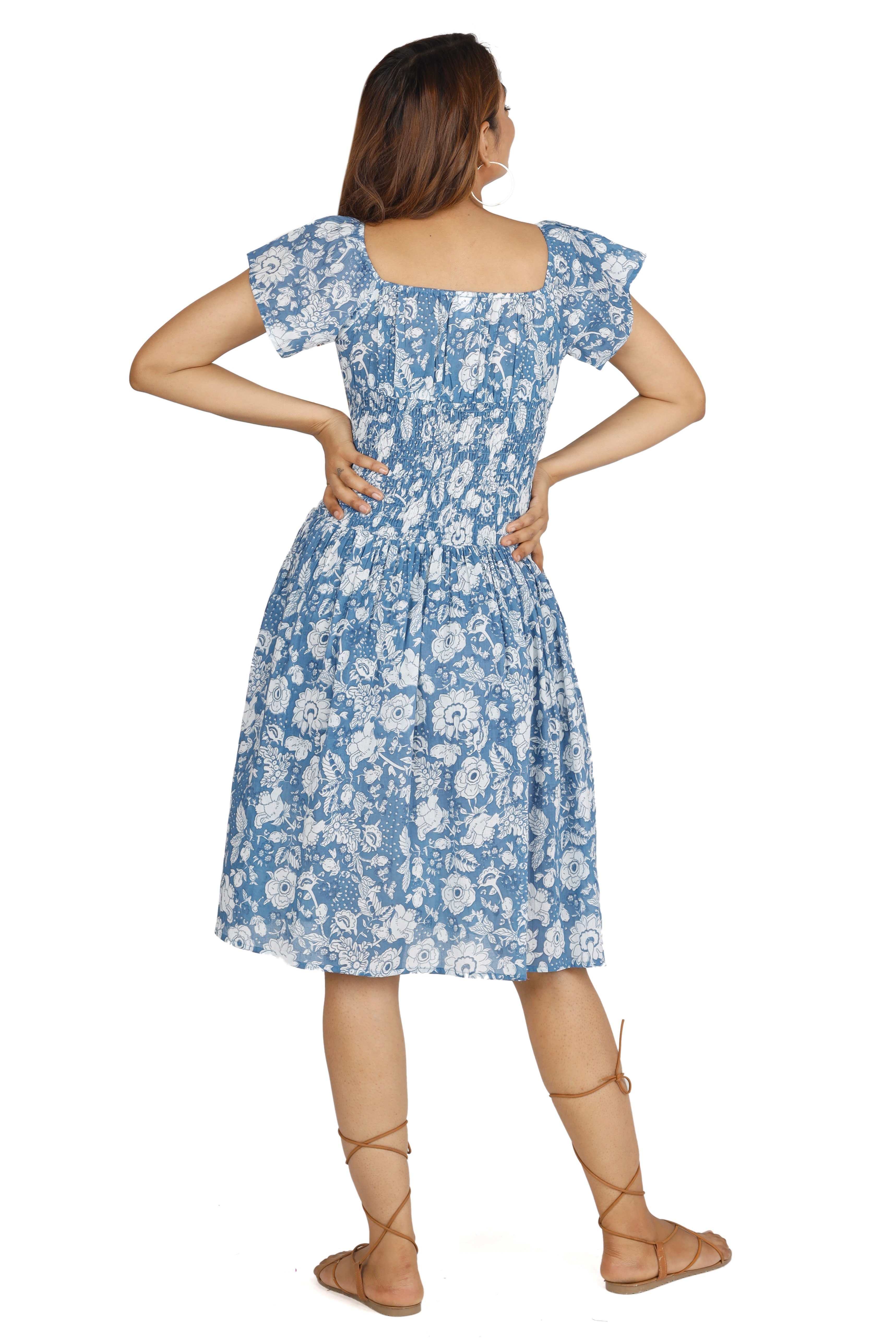 Boho Minikleid, blau handbedrucktes luftiges.. Midikleid Guru-Shop Bekleidung alternative