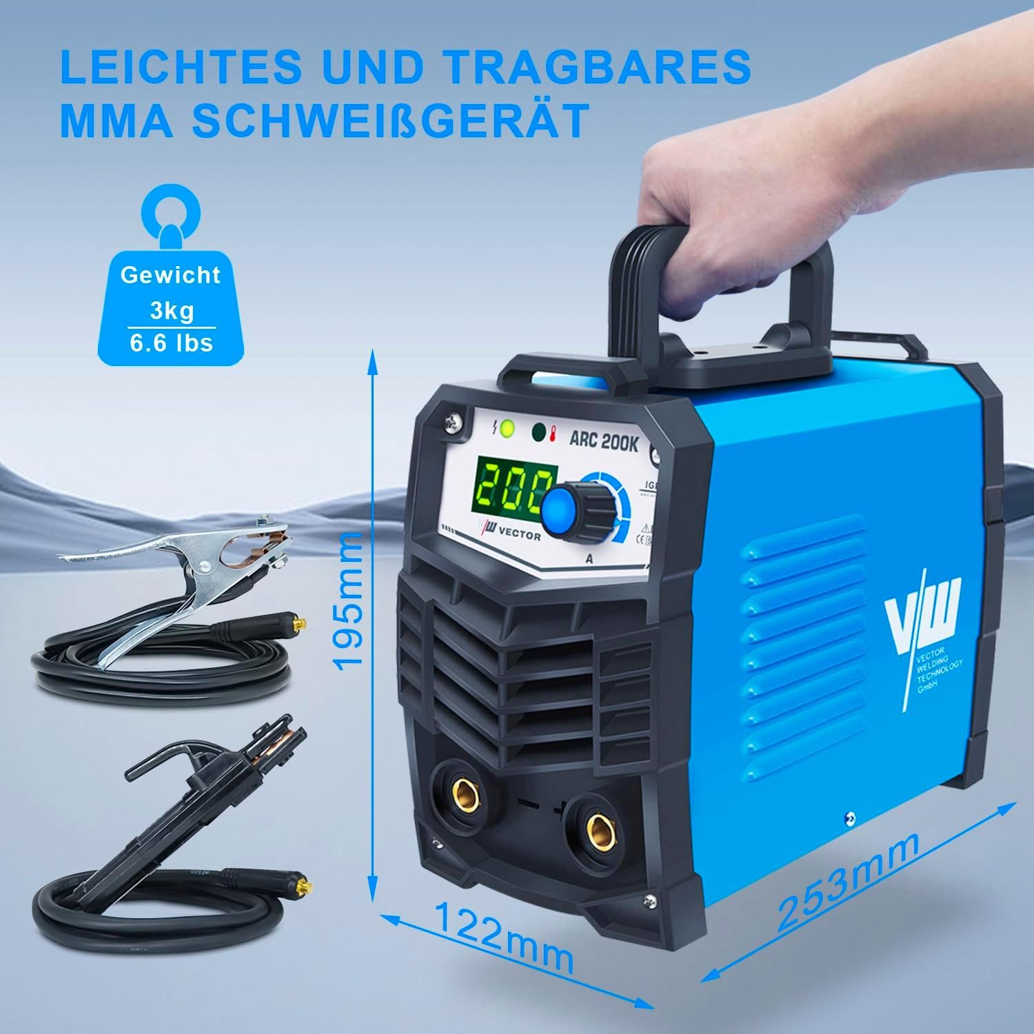 VECTOR WELDING Elektroschweißgerät Set MMA 200A IGBT ARC200K inkl. Elektroden/Hammer/Bürste