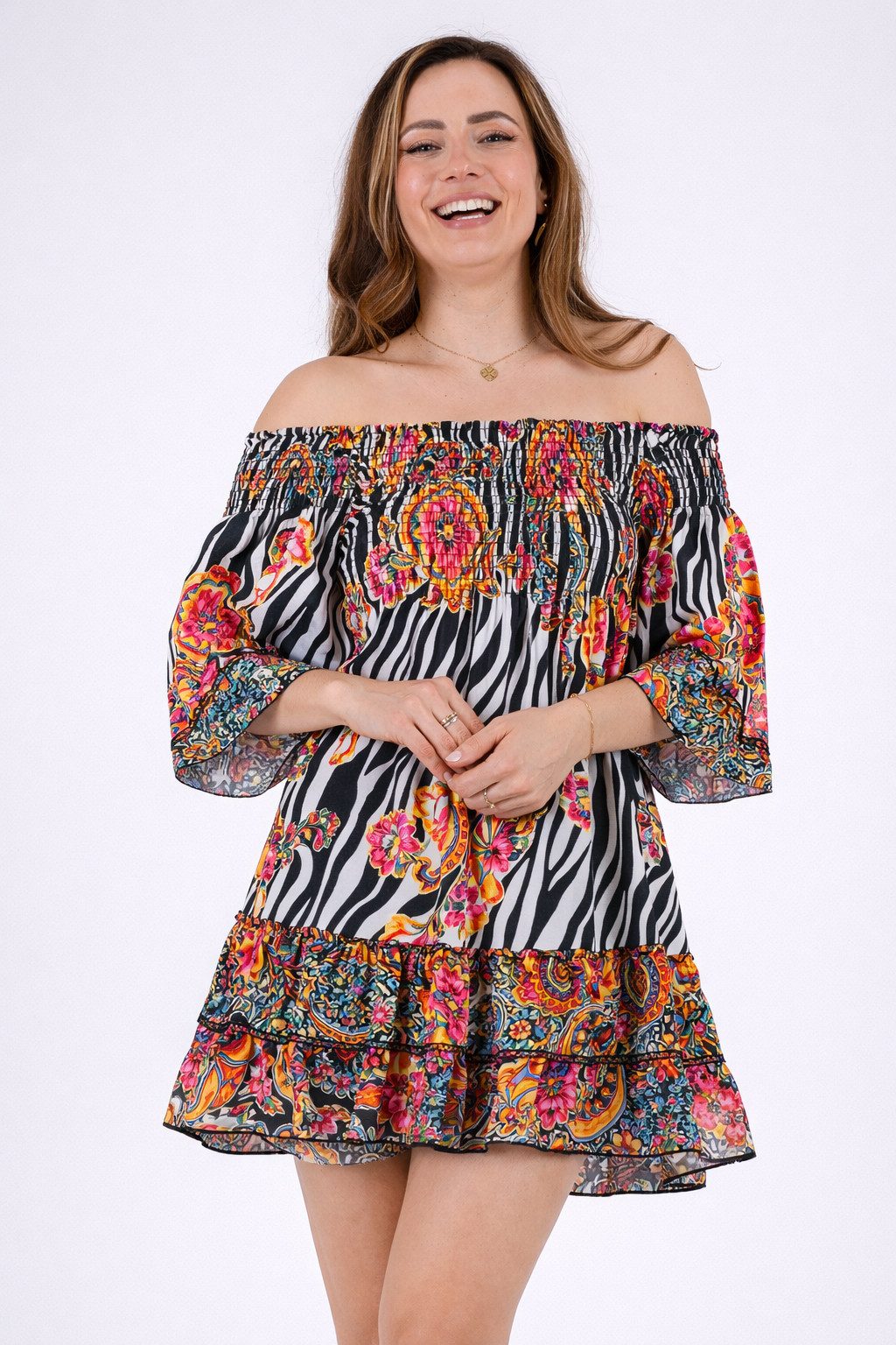 YC Fashion & Style Minikleid Off-Shoulder Kleid – Boho-Flair One Size (34-38) mit Alloverdruck