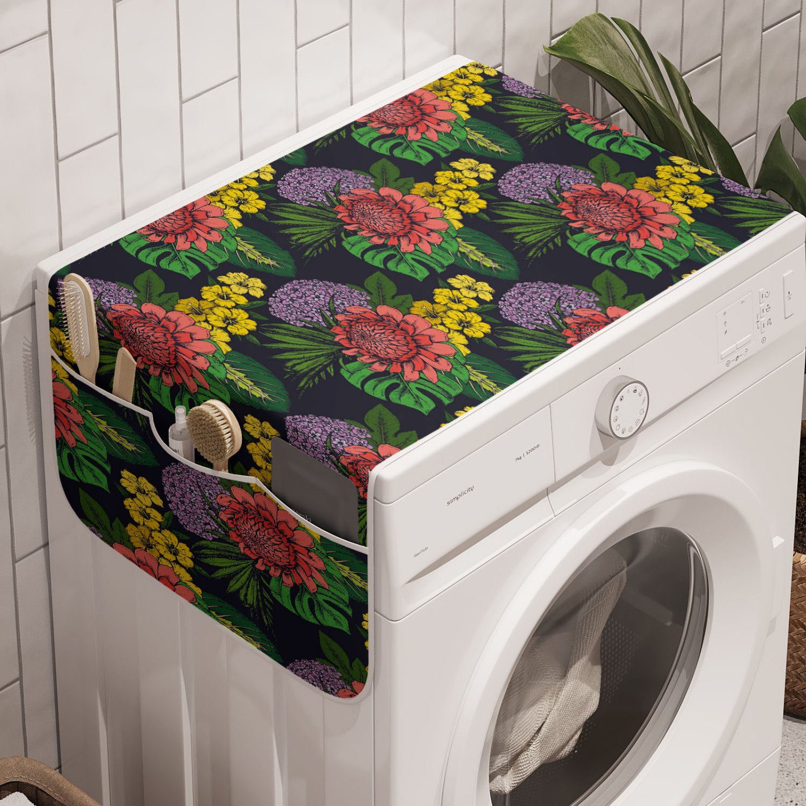 Blatt Anti-Rutsch-Stoffabdeckung Waschmaschine Blumen Badorganizer für Tropisches Dschungel-Blumen und Trockner, Abakuhaus