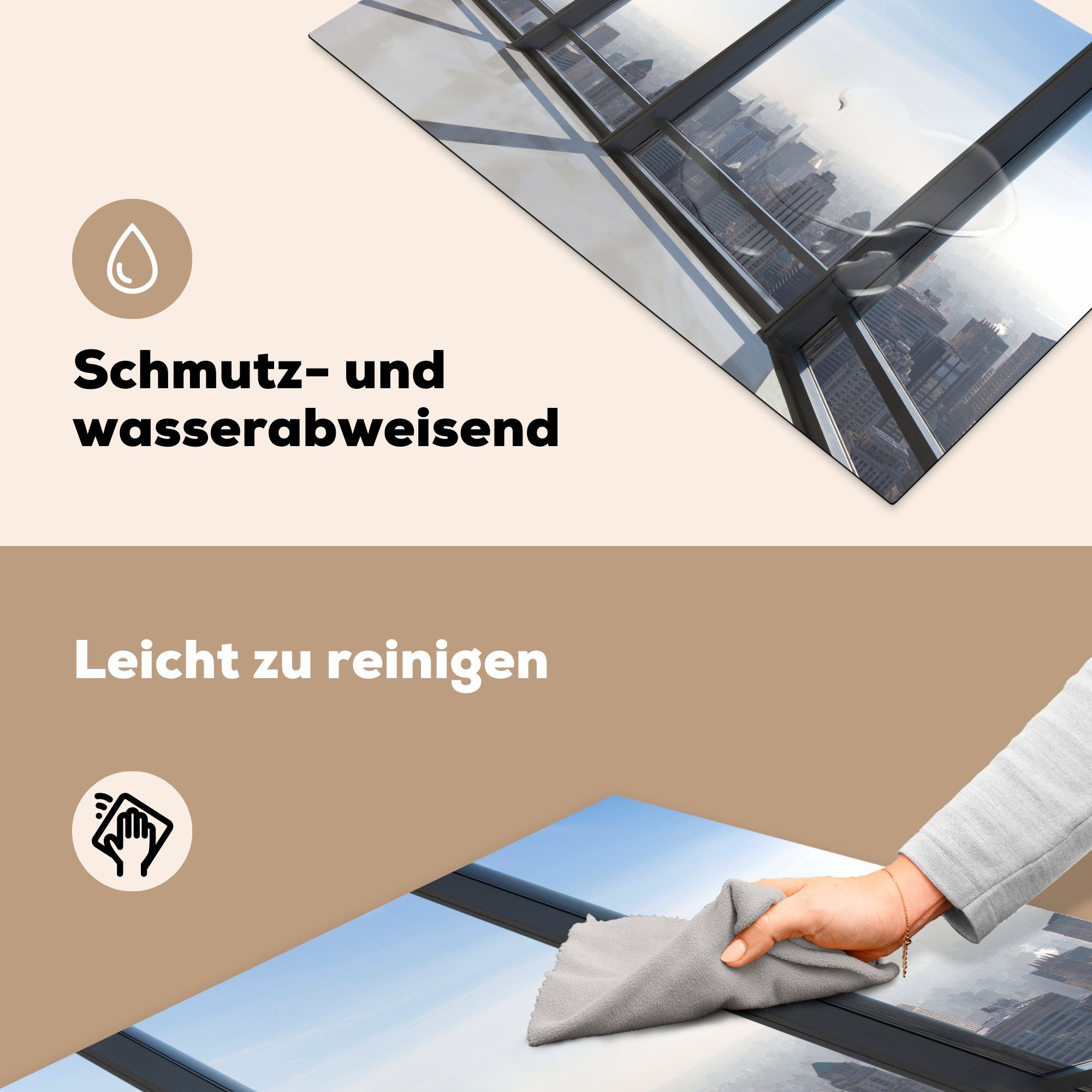 Vinyl, tlg), cm, MuchoWow ein für 81x52 Ceranfeldabdeckung mit Fenster Induktionskochfeld Stadt, Herdblende-/Abdeckplatte eine küche, die Blick Büro (1 durch Schutz auf Leeres