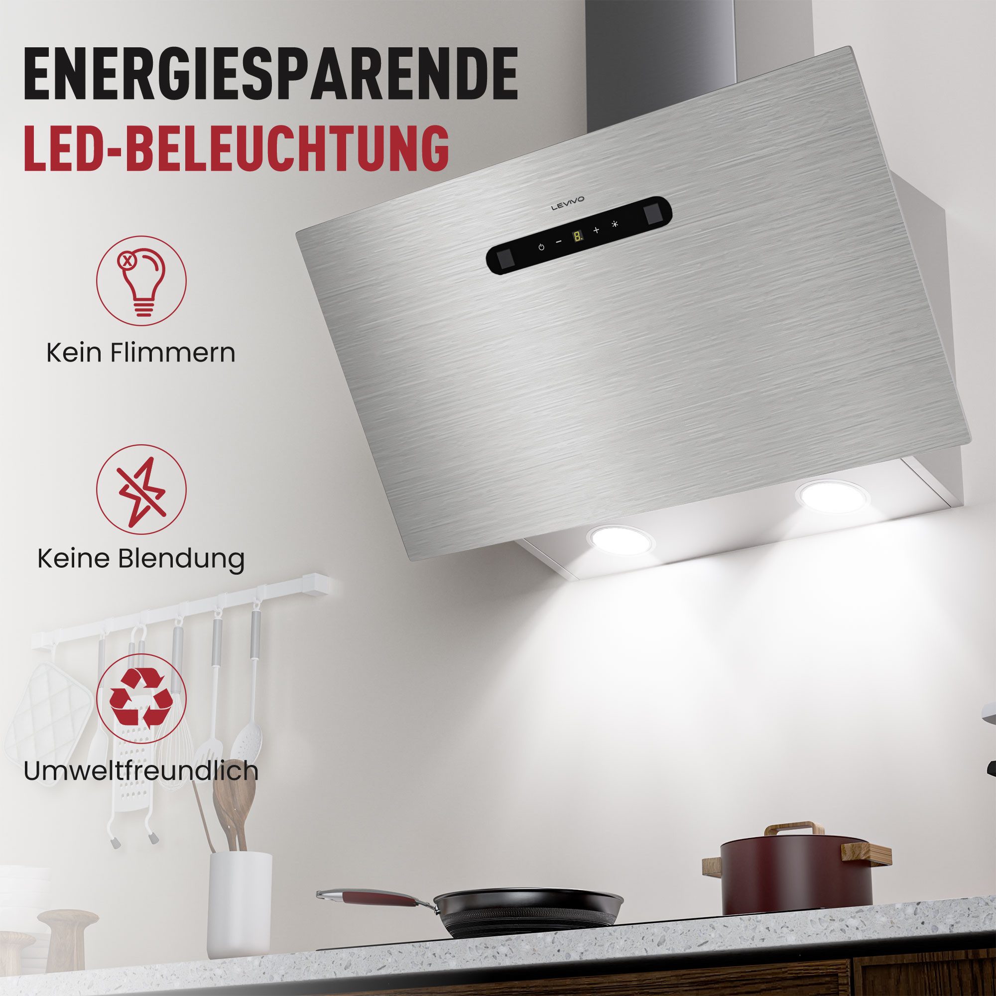 Levivo Kopffreihaube A+++ 420 m³/h Dunstabzugshaube 60cm Umluft & Abluft A+++ 420 m³/h Dunstabzugshaube 60cm Umluft & Abluft, Aktivkohlefiltern, Fettfiltern, LED-Beleuchtung