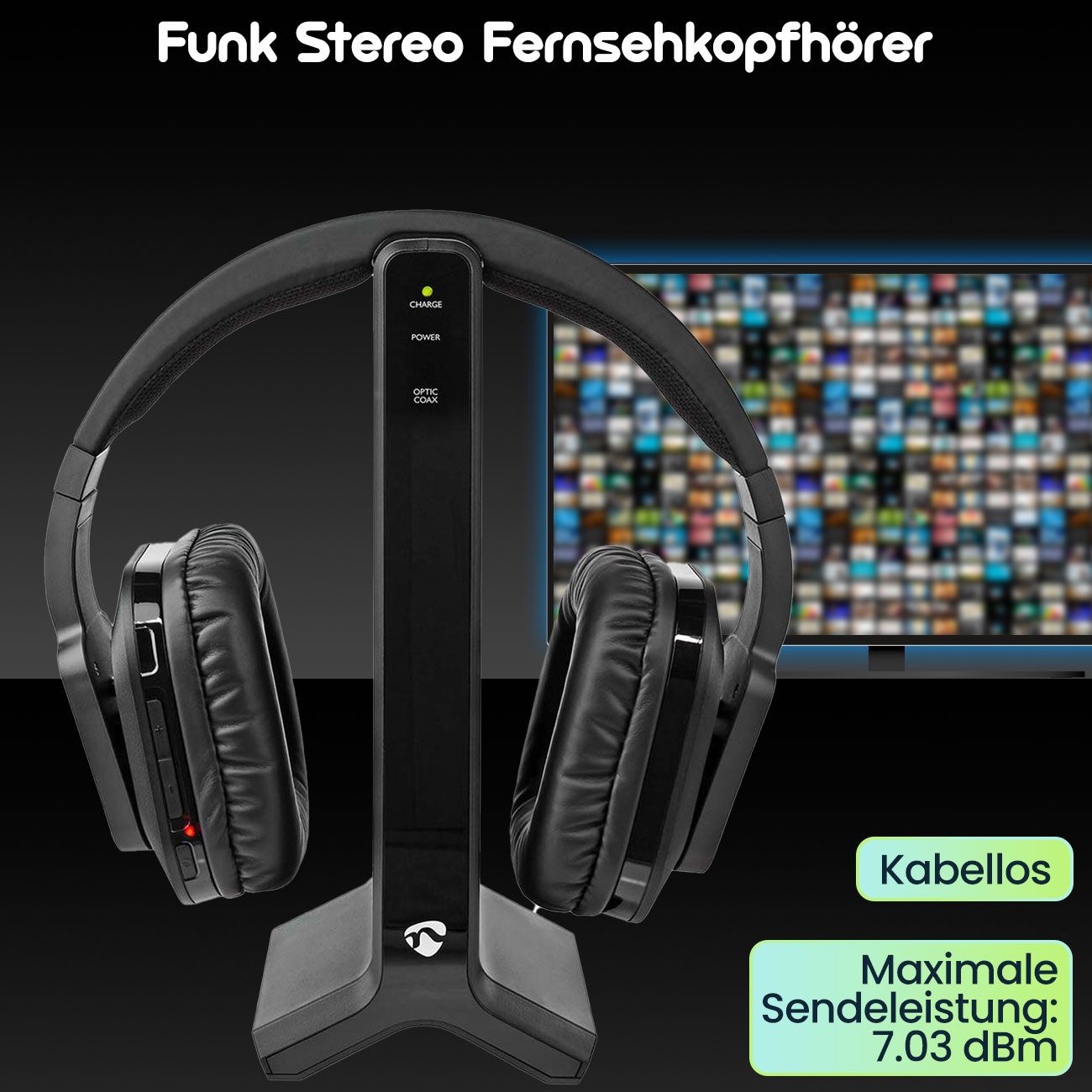 Nedis Funk TV-Kopfhörer kabellos, 25m Reichweite, Ladestation & Akkus Funk-Kopfhörer (25m Reichweite, Ladestation, TosLink, Cinch, Coax Audio) – Bild 4 von 5