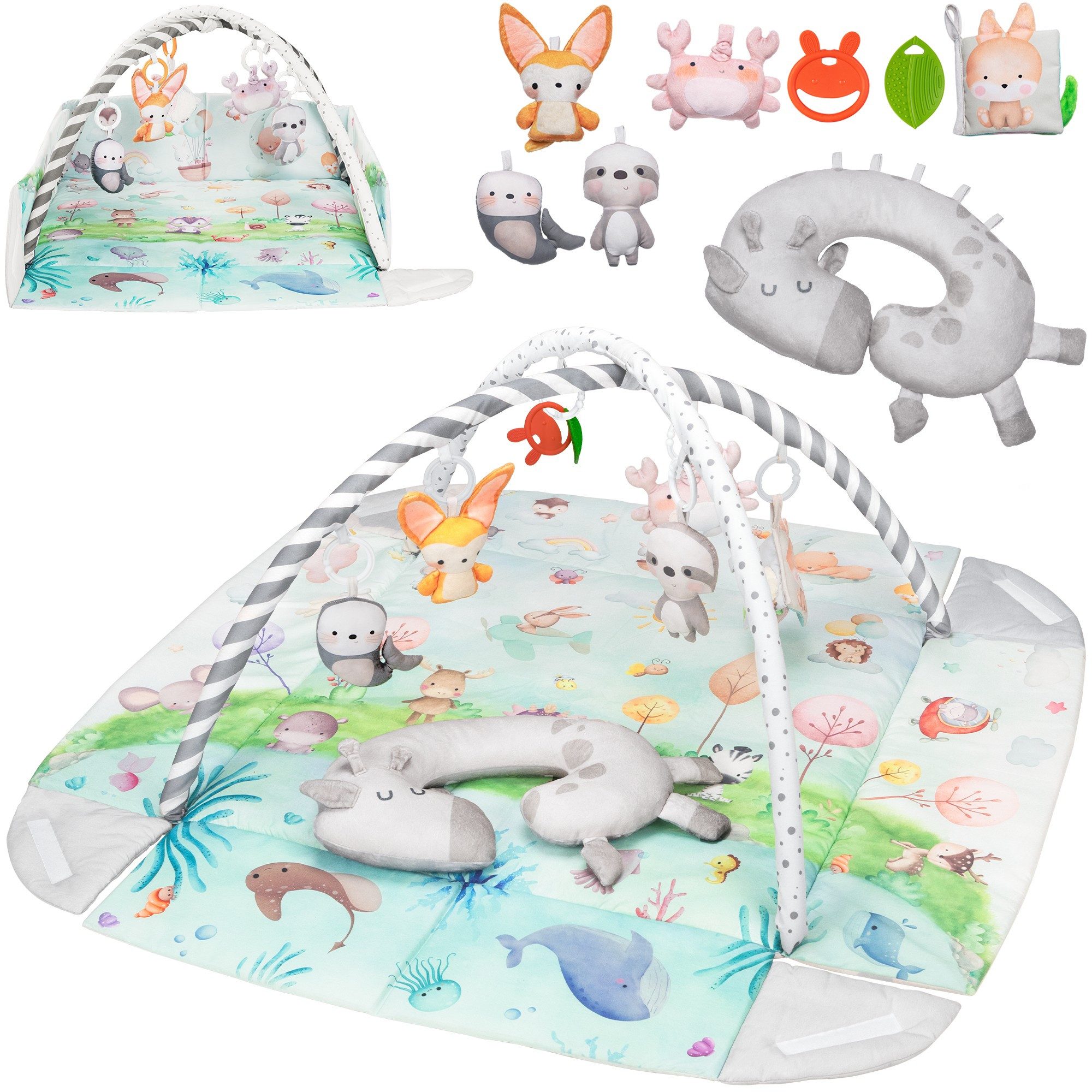 lionelo Spielmatte ANIKA NATURAL (Set, Spieldecke/8 Spielzeuge/Tummy-Time-Kissen/2 Beißringe), Bambusbezug/8Spielzeuge/aufklappbar/waschbar/0+