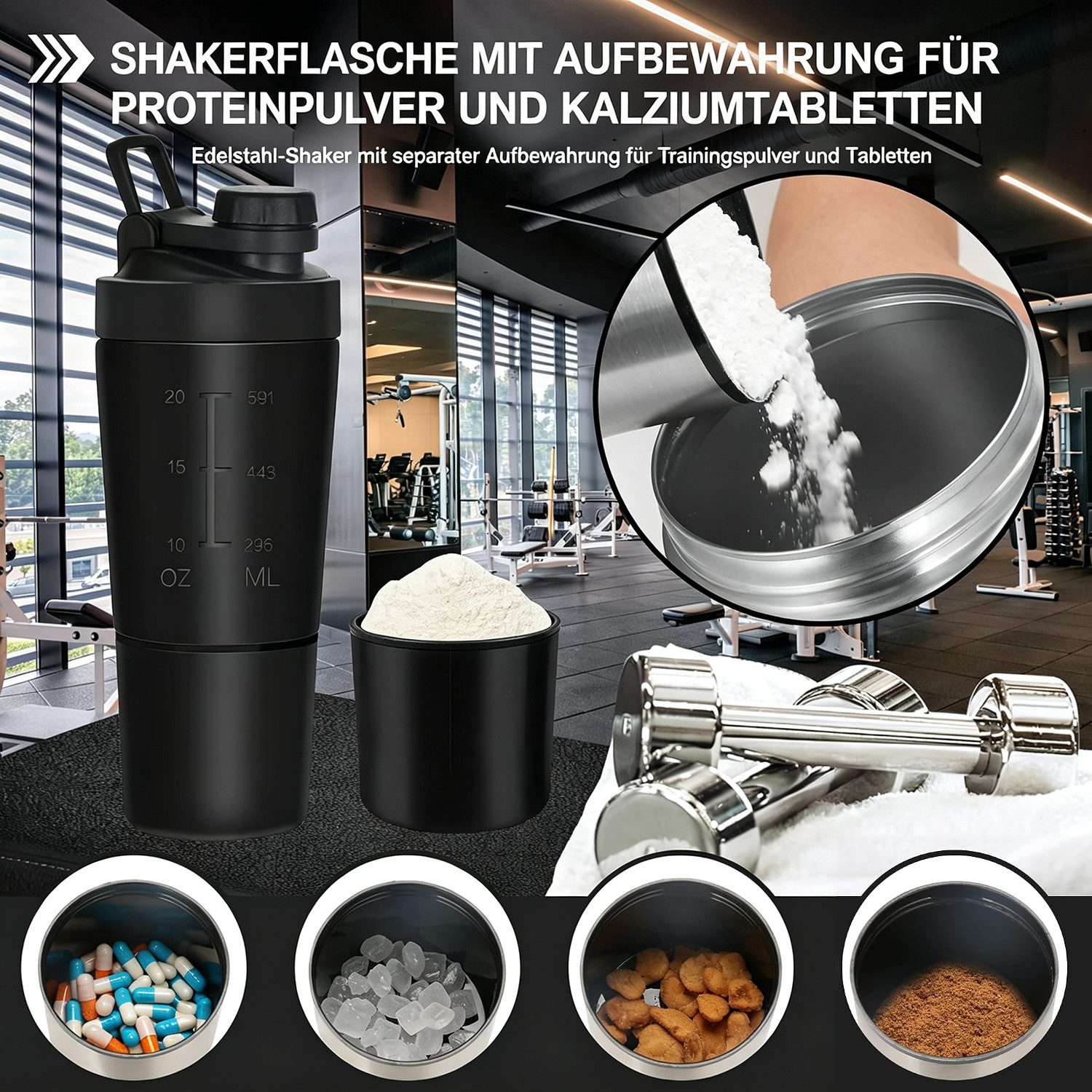 wohnTRAUM24 Protein Shaker Protein Shaker Edelstahl 700+200 ML Eiweiß Becher mit pulverfach, Doppelwandig, mit 200ml Tasse, für Eiweiß, Diät und Fitness-Shake – Bild 4 von 5