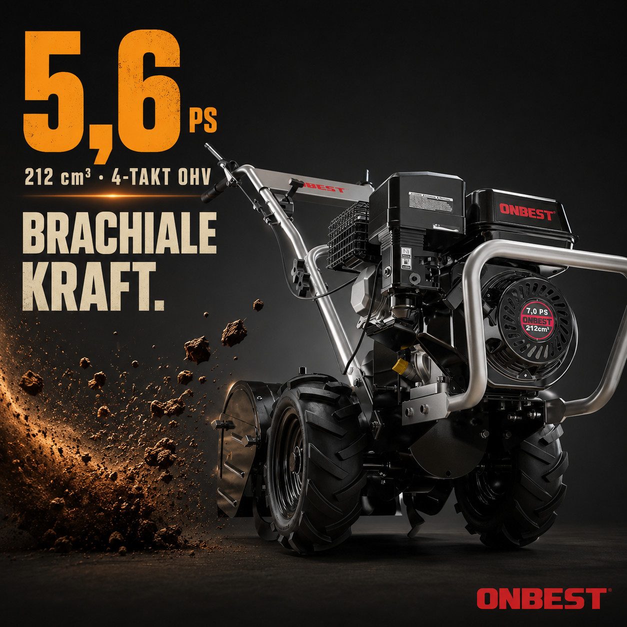 Onbest Benzinmotorhacke Gartenfräse T4150 4,1 kW / 7 PS, 53 cm Arbeitsbreite, 53 cm Arbeitsbreite, 35 cm Arbeitstiefe, 12 Hackmesser, Radantrieb – Bild 5 von 5