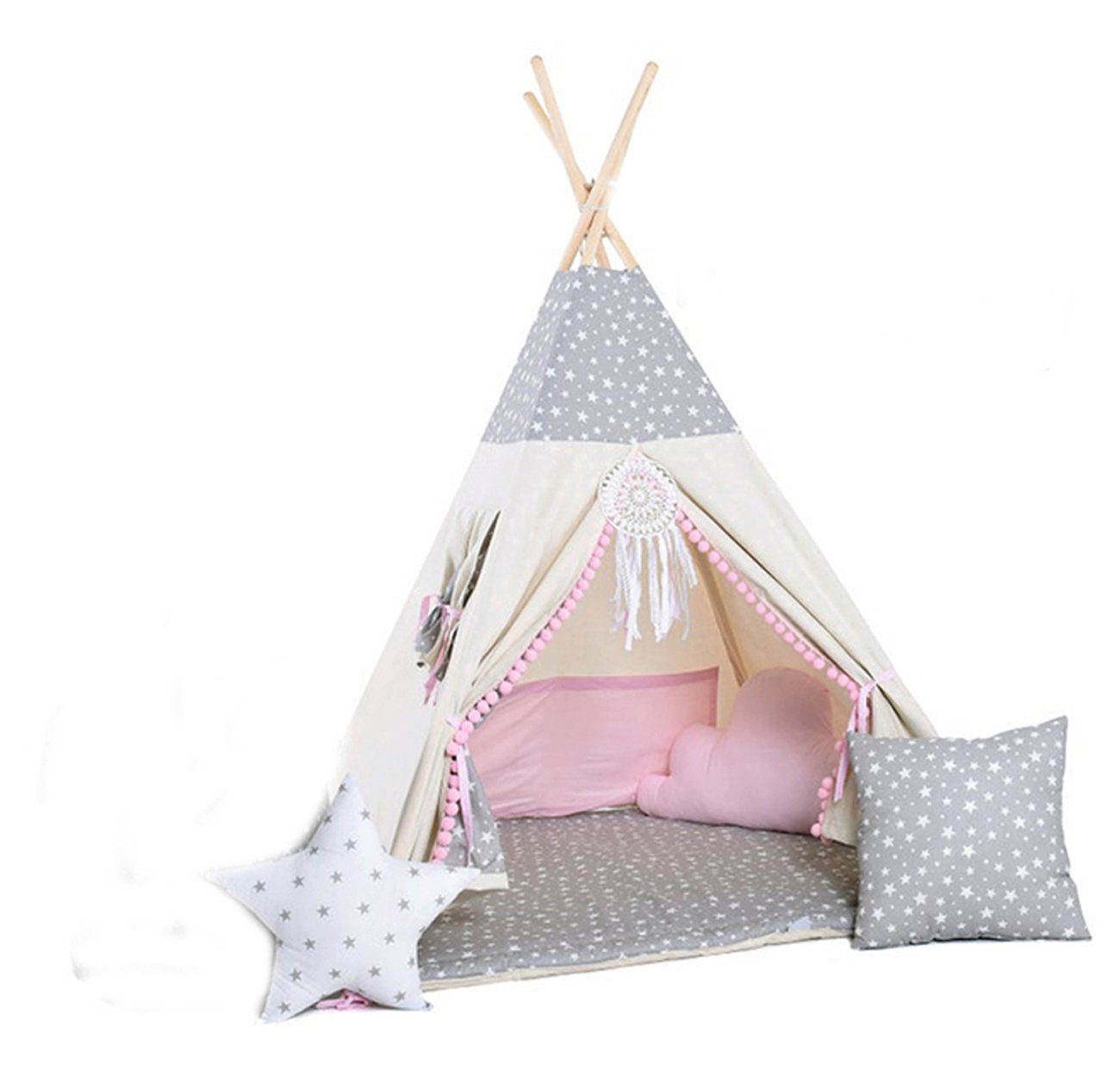 Rainbow Kids Tipi-Zelt Wolf Stern Rosa, Personen: 2 (mit kleinem Zubehör, 4 tlg., mit 2 Kissen und Matte) | Tipizelte