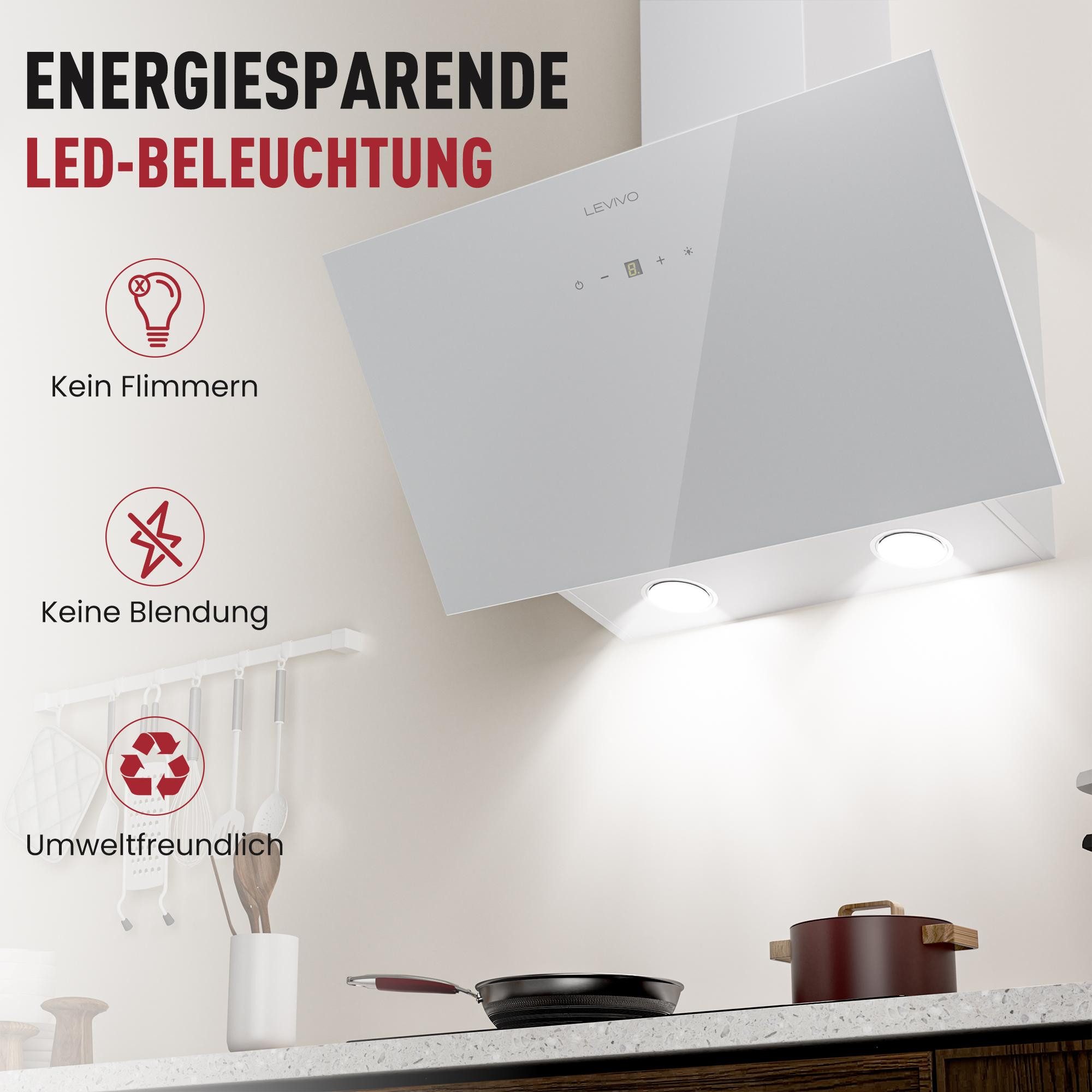 Levivo Kopffreihaube A+++ 420 m³/h Dunstabzugshaube 60cm und 80cm Umluft & Abluft mit 2 Aktivkohlefiltern, 1 Fettfilter, 3 Stufen, Booster, 2 LEDs – Bild 4 von 5