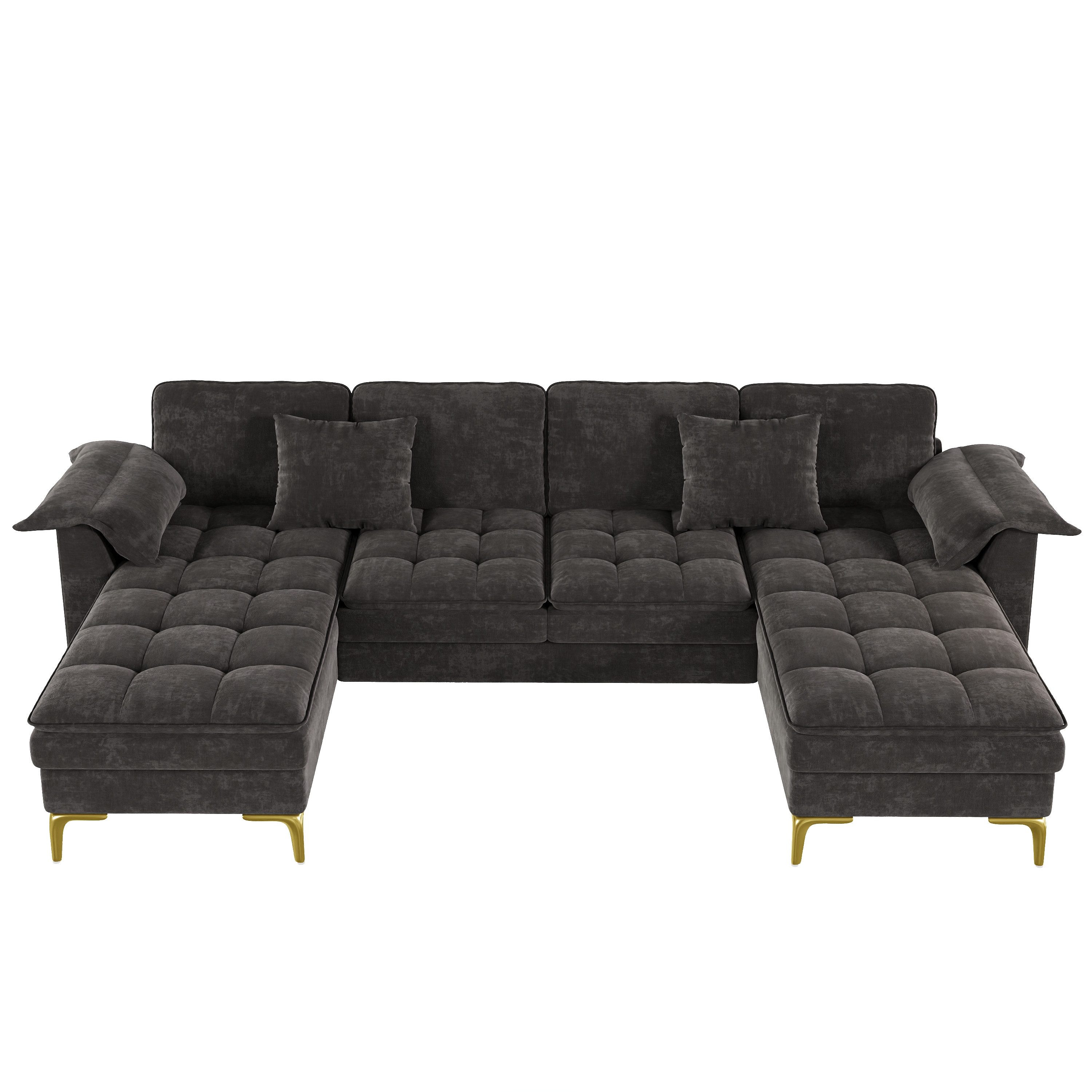 BlingBin Wohnlandschaft U‑förmiges Ecksofa,4‑Sitzer Moduldesign mit Doppellagigen Schaumkissen, Gesamtbelastbarkeit: 600kg, Inkl. 2 Chaiselongues,2 Kissen,Goldene Metallfüße 1 Teile, Lounge-Sofa-Set mit Cloud‑Optik für Wohnzimmer, Chenille, Grau