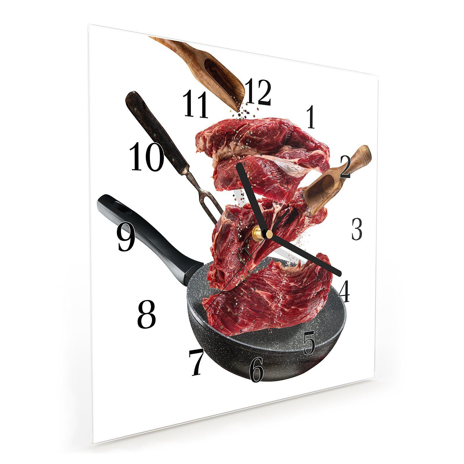 Primedeco Wanduhr Glasuhr Wanduhr Wandkunst 30 x Motiv 30 auf cm Steak Größe mit Pfanne