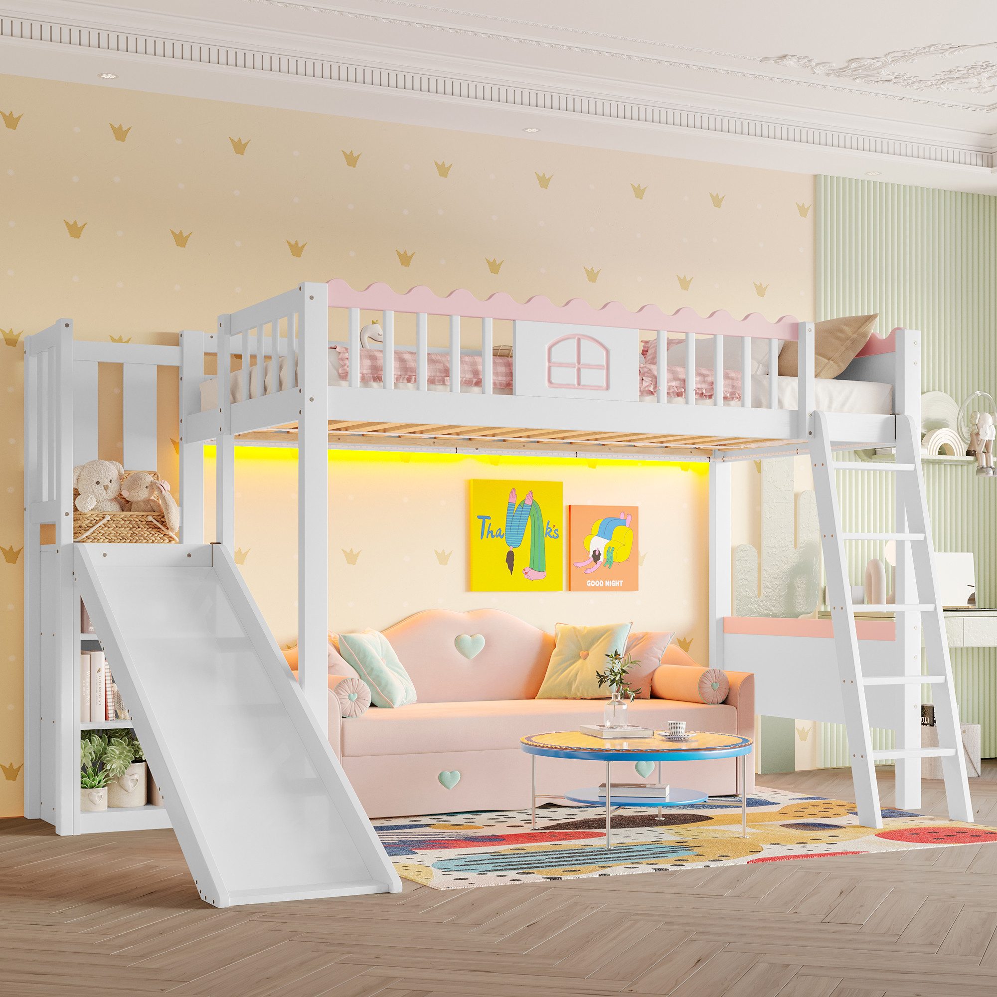 Hochbett Kinderbett mit LED-Leuchten und EN747 zertifizierung, ohne Matratze