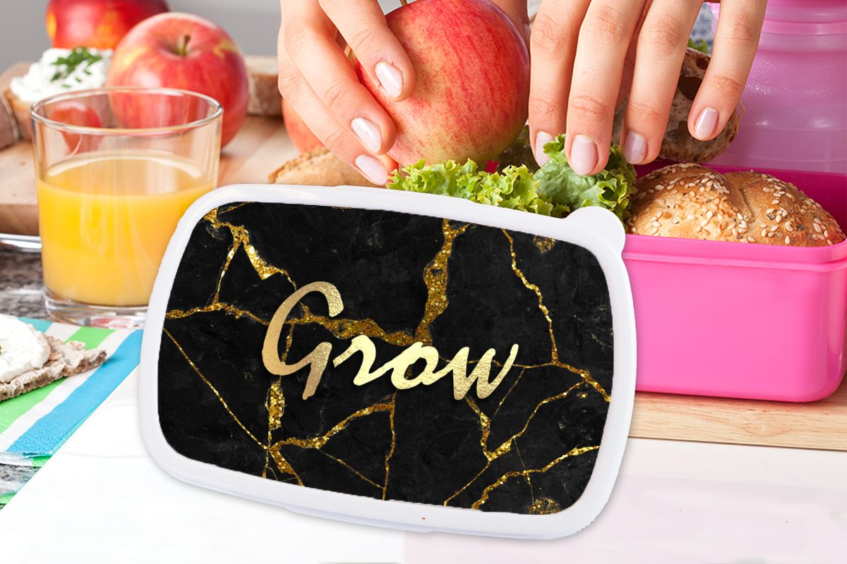 MuchoWow Lunchbox Zitat rosa Snackbox, - für Brotdose Kinder, Wachstum Schwarz, Erwachsene, - Gold Brotbox Kunststoff - (2-tlg), Mädchen, Kunststoff