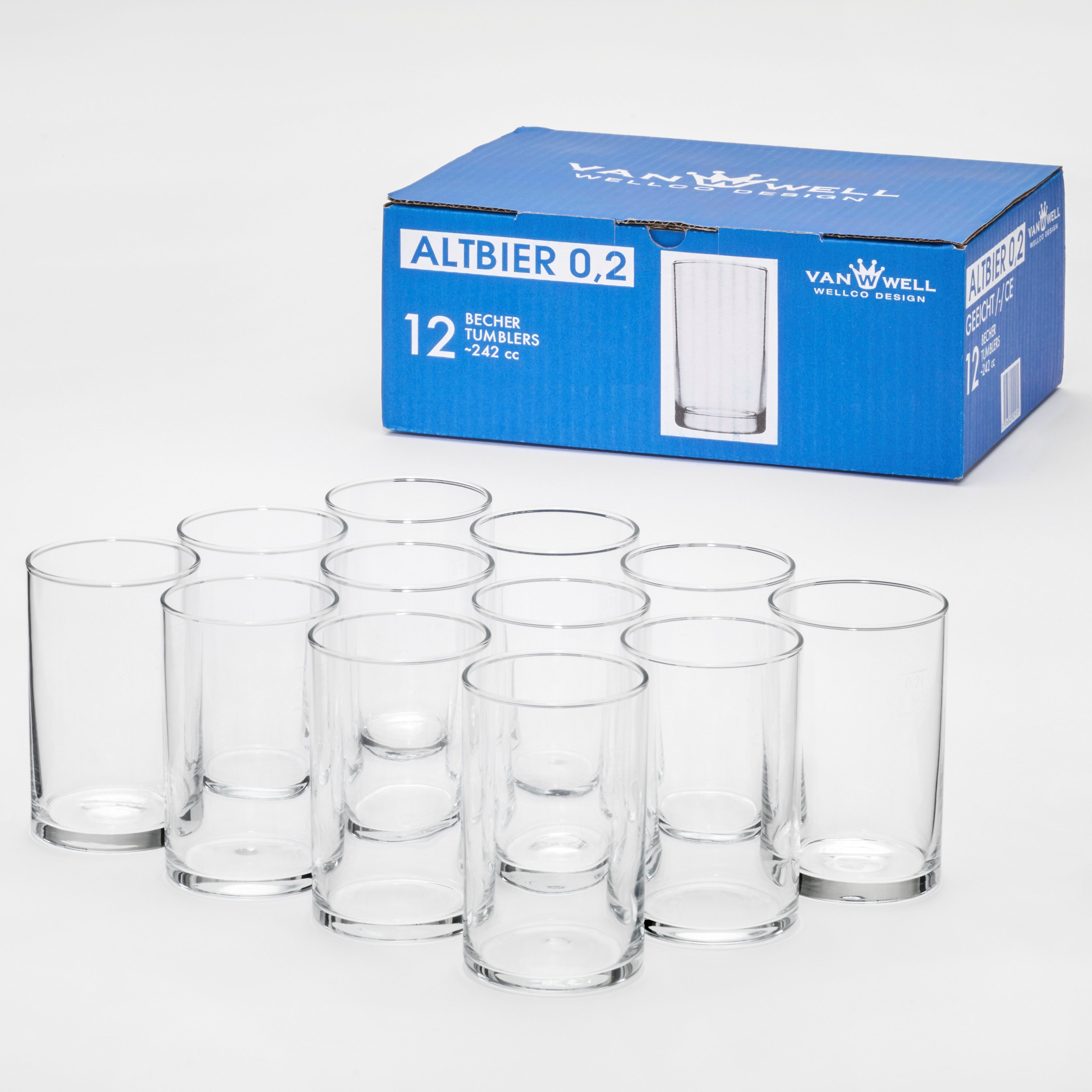 van Well Bierglas Altbierbecher, 12-tlg., Glas, 0,2 L, geeicht, spülmaschinenfest, Gastronomiequalität, 12-tlg.